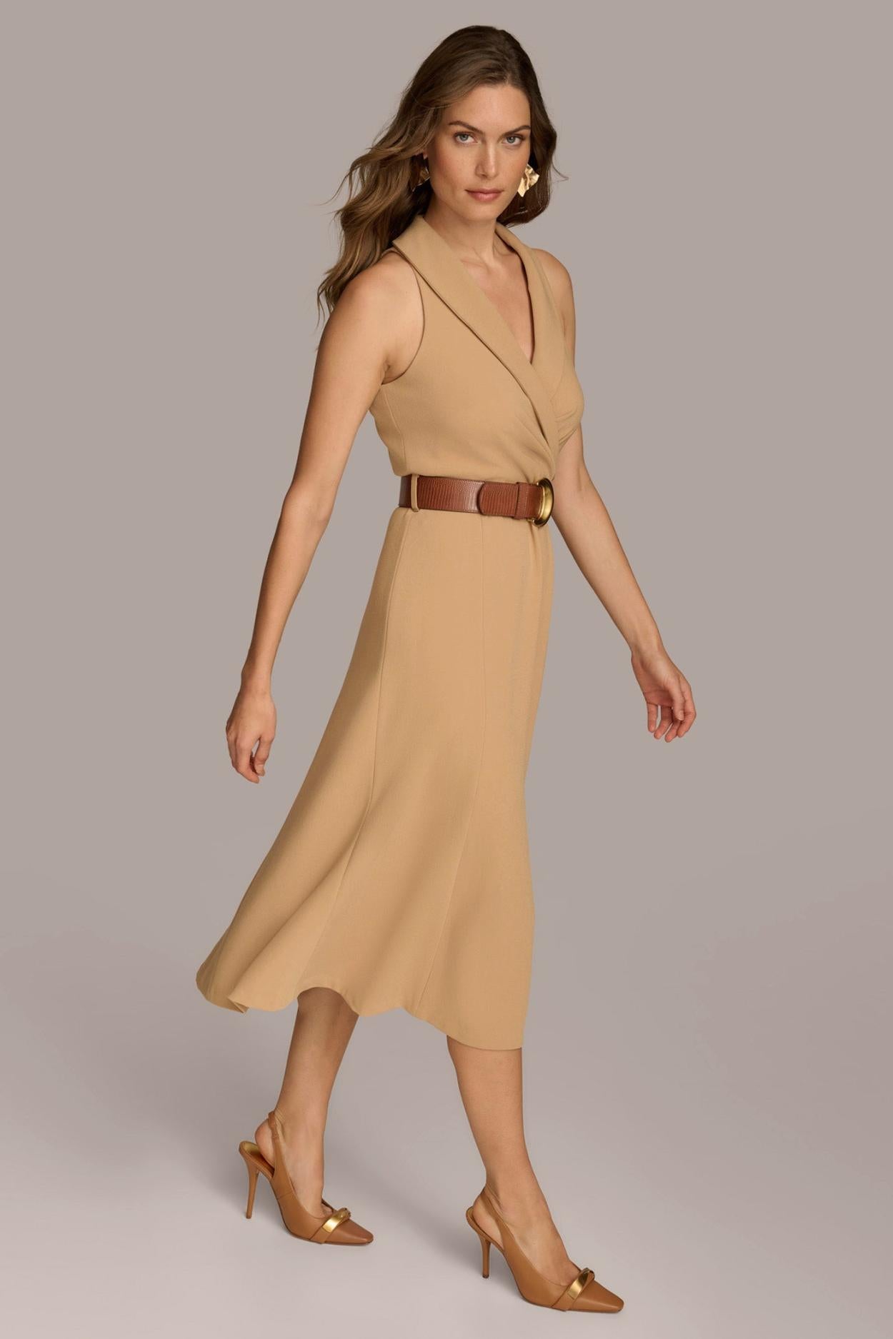 Donna Karan Dresses And Jumpsuits | Women CREPE FIT AND FLARE DRESS WITH BELT Fawn