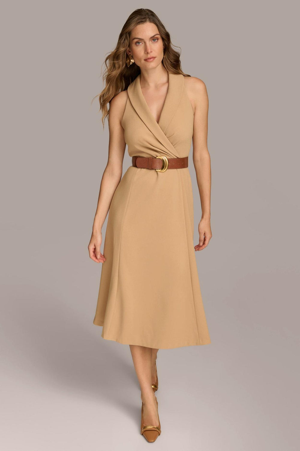 Donna Karan Dresses And Jumpsuits | Women CREPE FIT AND FLARE DRESS WITH BELT Fawn