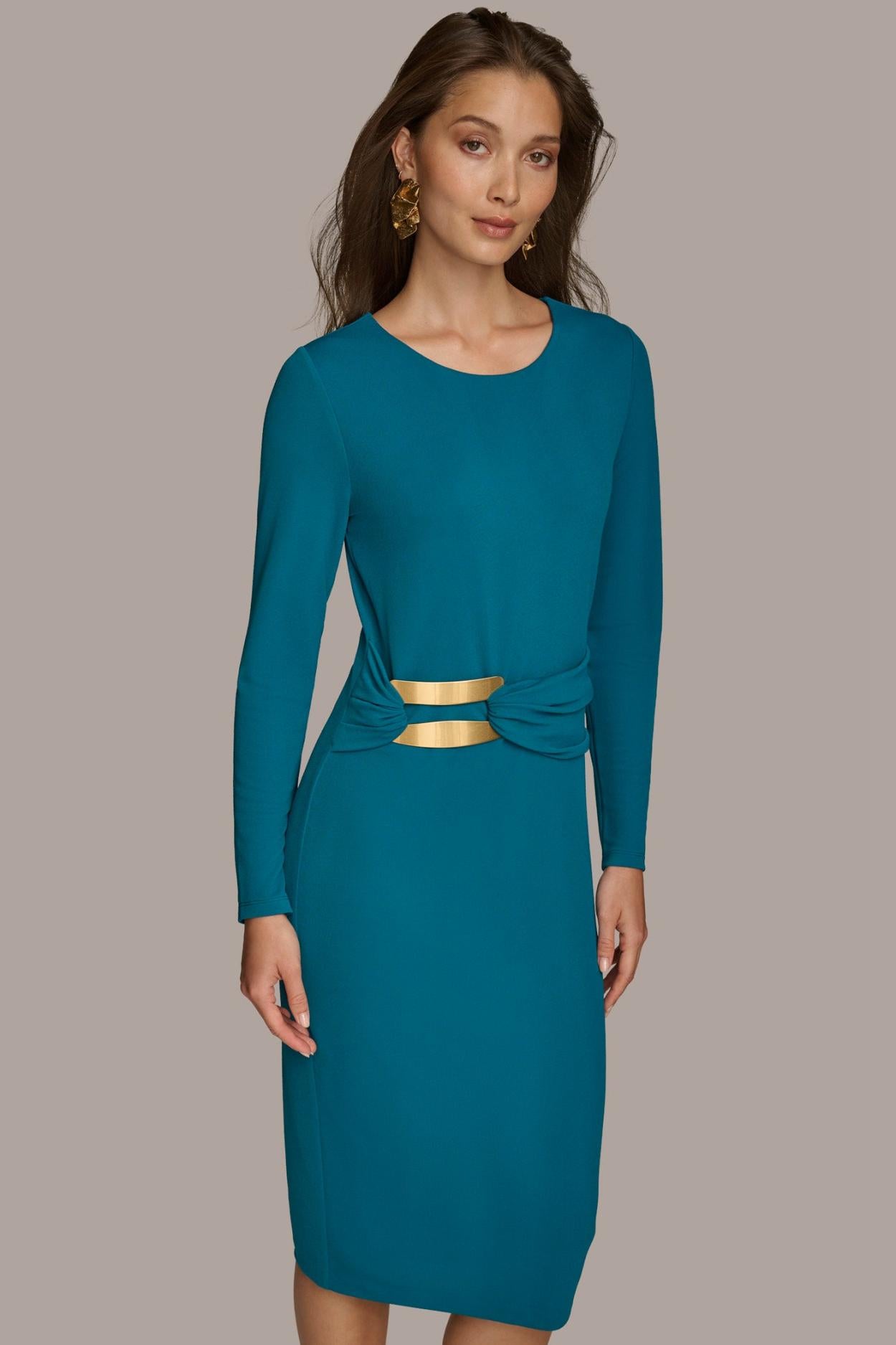 Donna Karan Dresses And Jumpsuits | Women FITTED MIDI DRESS WITH BRUSHED HARDWARE DETAIL Empire Teal