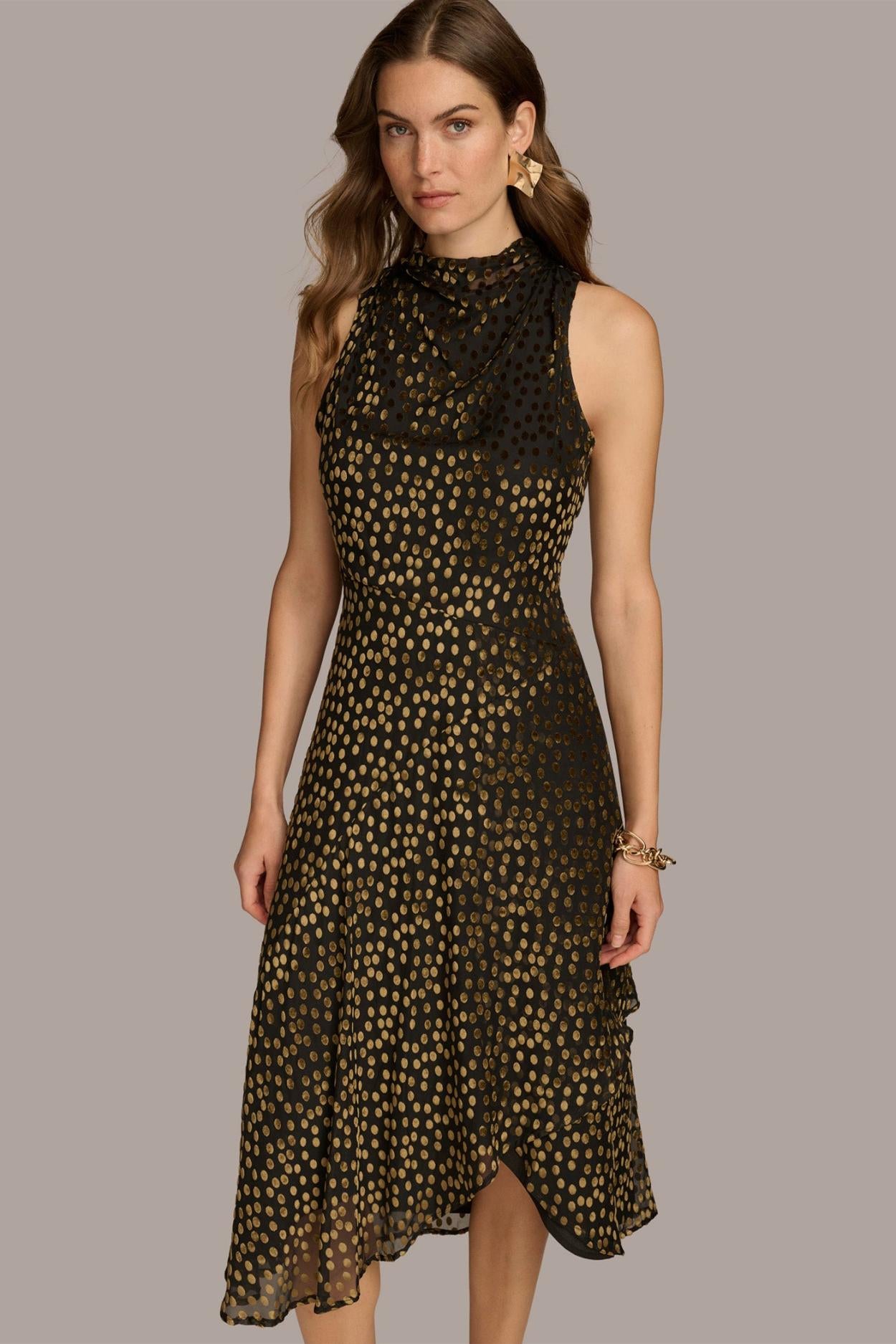 Donna Karan Dresses And Jumpsuits | Women HIGH COWL NECK DRESS Black/gold Multi