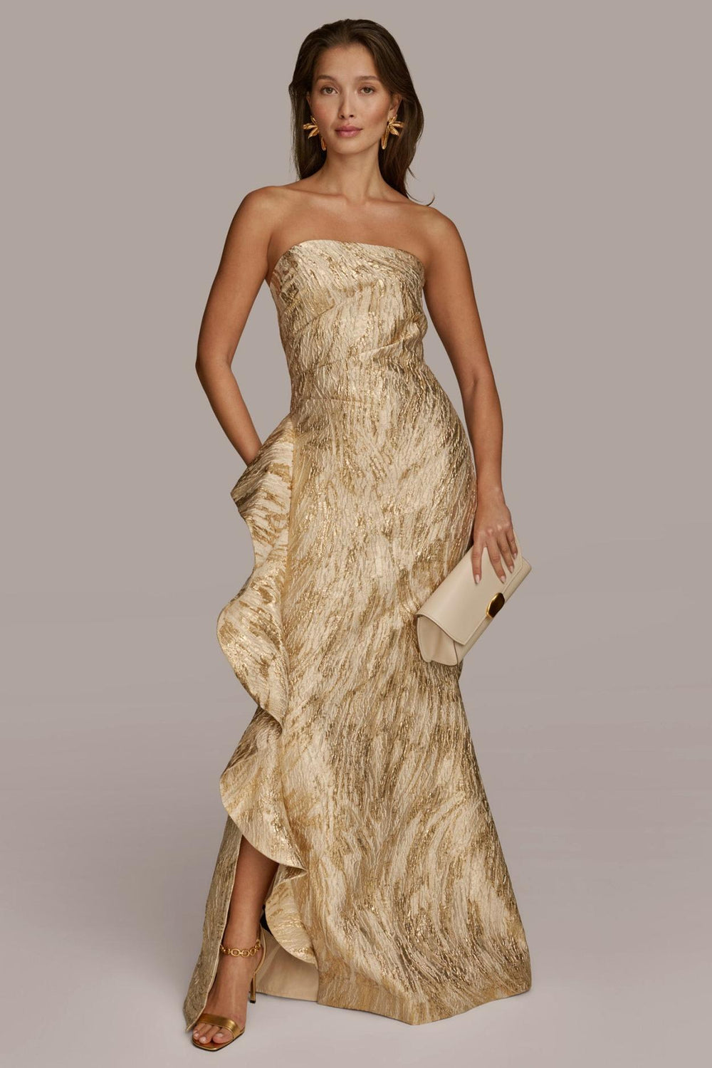Donna Karan Dresses And Jumpsuits | Women JACQUARD GOWN WITH SIDE RUFFLE Champagne Multi