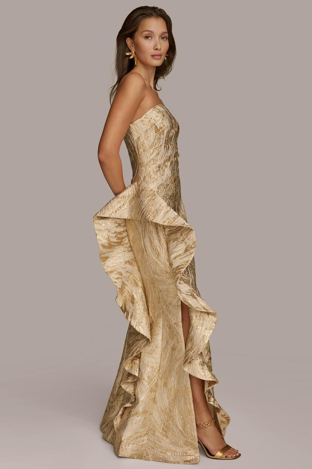 Donna Karan Dresses And Jumpsuits | Women JACQUARD GOWN WITH SIDE RUFFLE Champagne Multi
