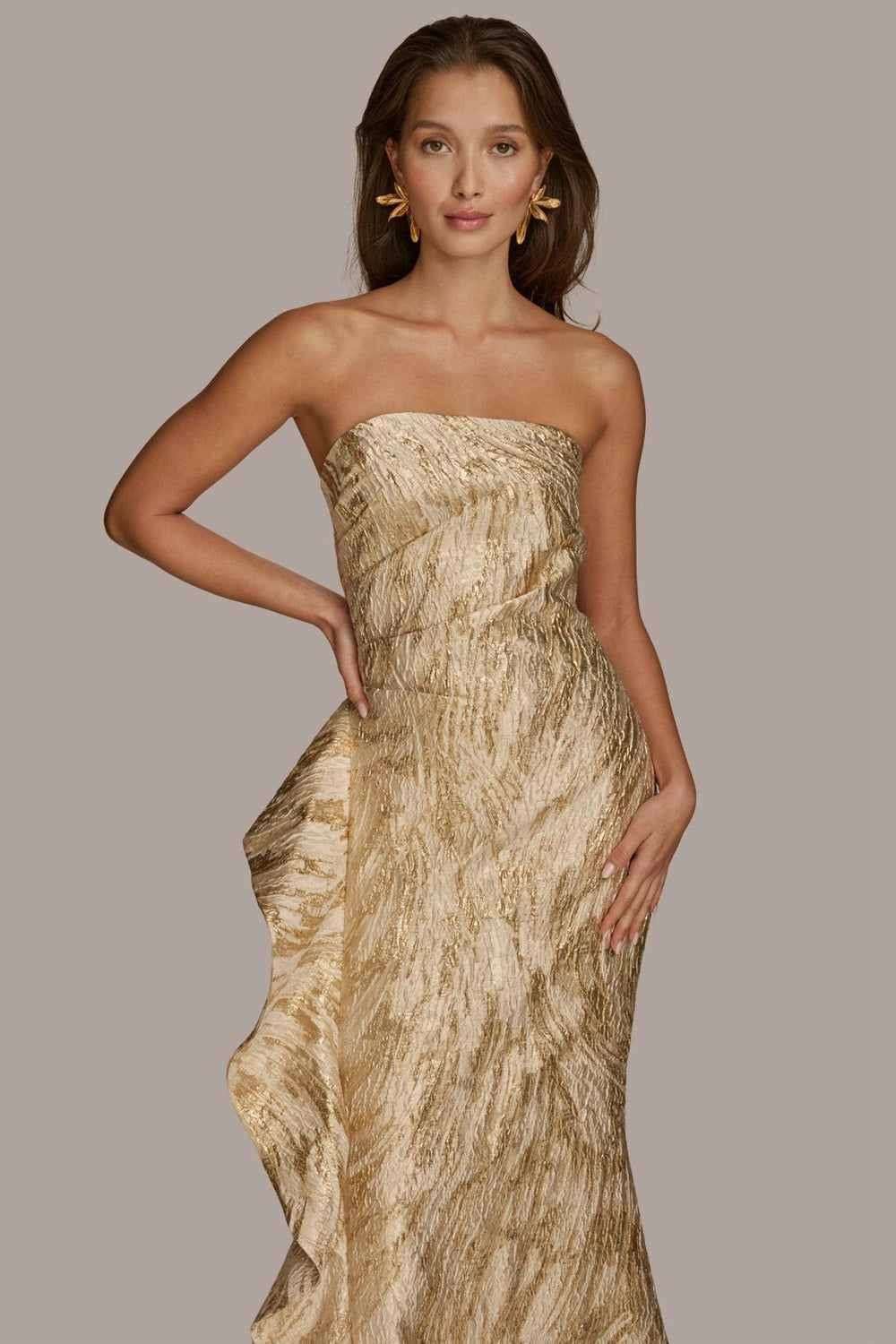 Donna Karan Dresses And Jumpsuits | Women JACQUARD GOWN WITH SIDE RUFFLE Champagne Multi