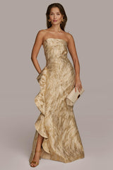 Donna Karan Dresses And Jumpsuits | Women JACQUARD GOWN WITH SIDE RUFFLE Champagne Multi