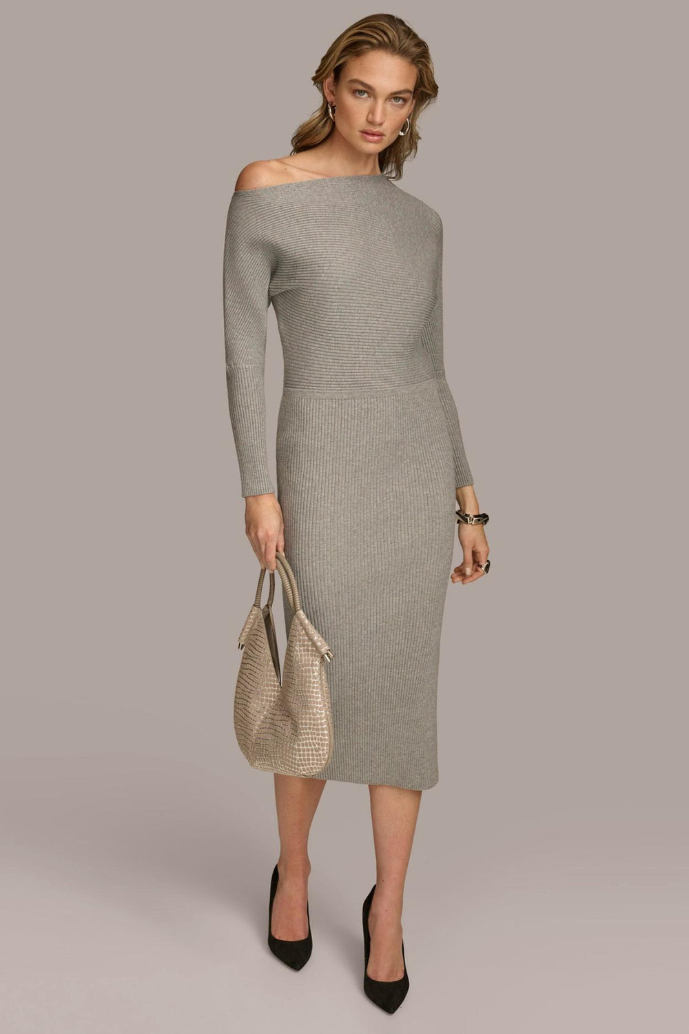 Donna Karan Dresses And Jumpsuits | Women ONE SHOULDER SWEATER MIDI DRESS Steel Heather