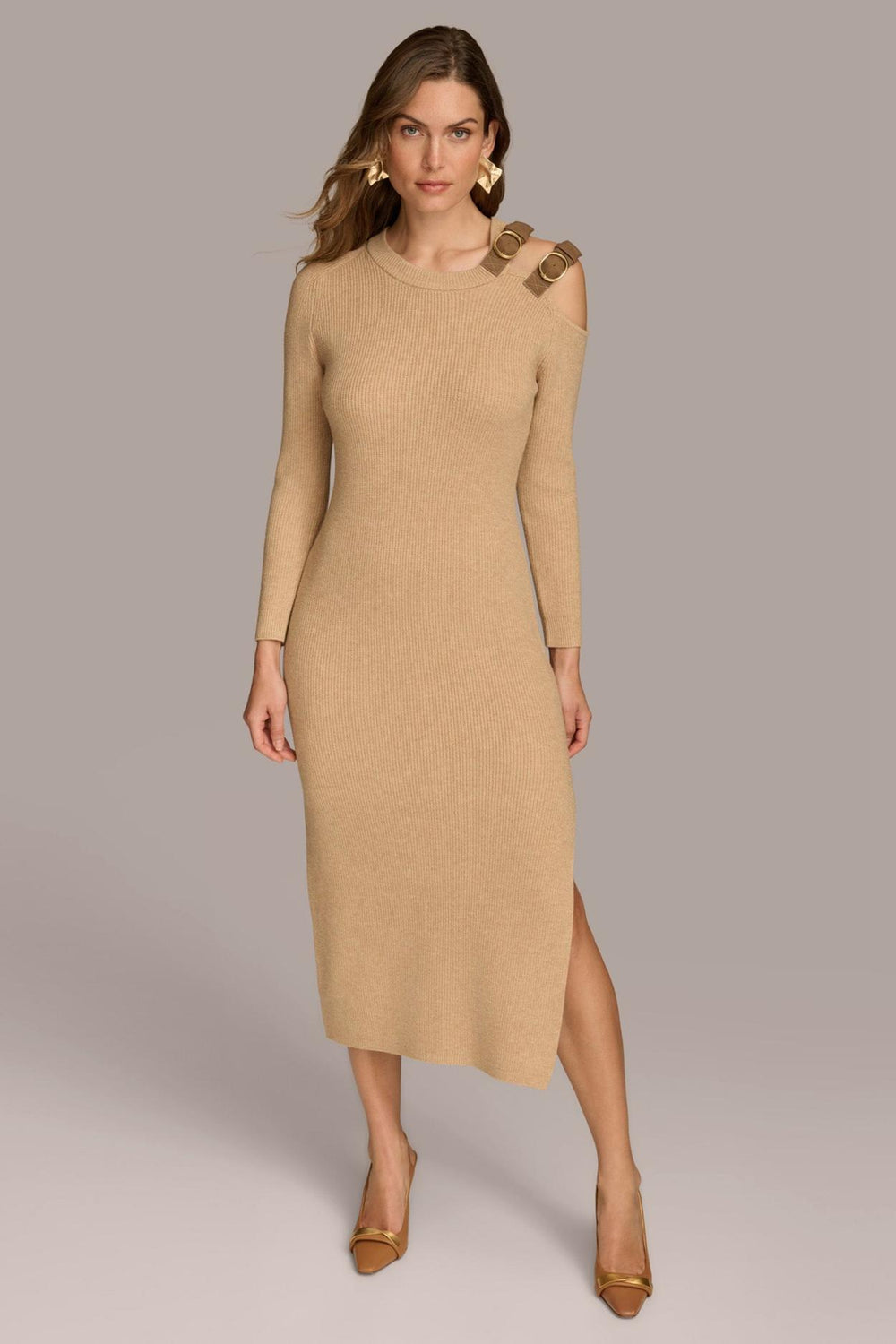 Donna Karan Dresses And Jumpsuits | Women ONE SIDED COLD SHOULDER MIDI DRESS Camel Heather