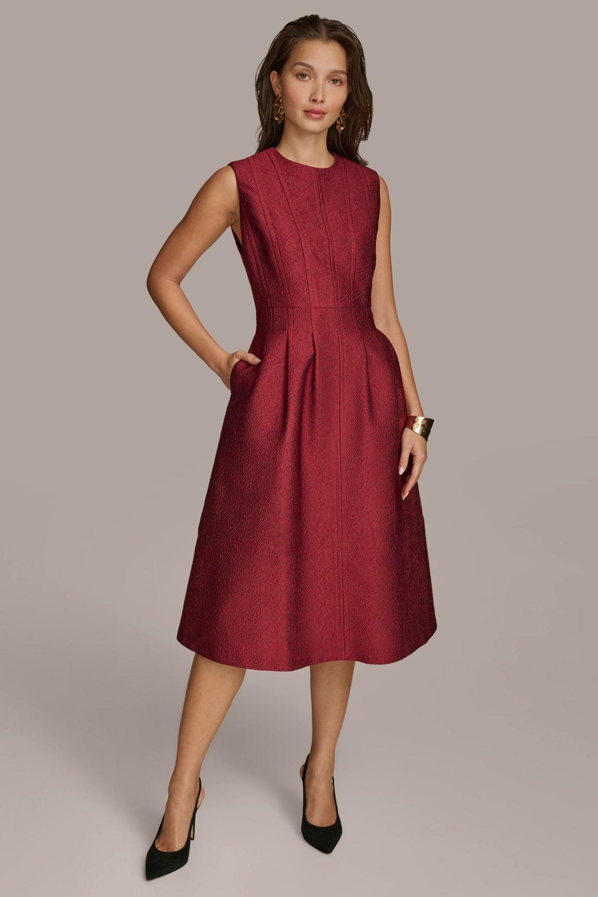 Donna Karan Dresses And Jumpsuits | Women PEBBLE JACQUARD FIT AND FLARE DRESS Cabernet