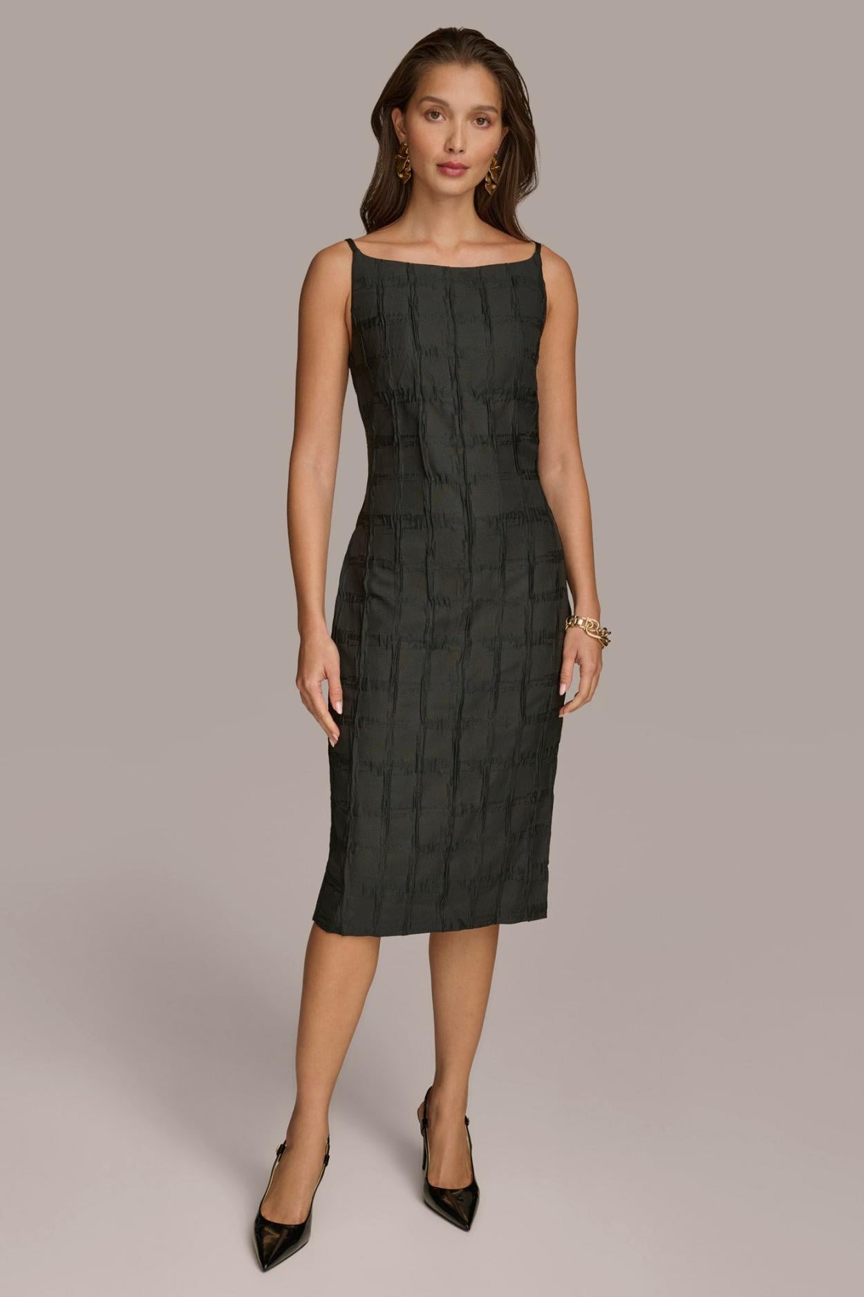 Donna Karan Dresses And Jumpsuits | Women PLAID JACQUARD MIDI SHEATH DRESS Black