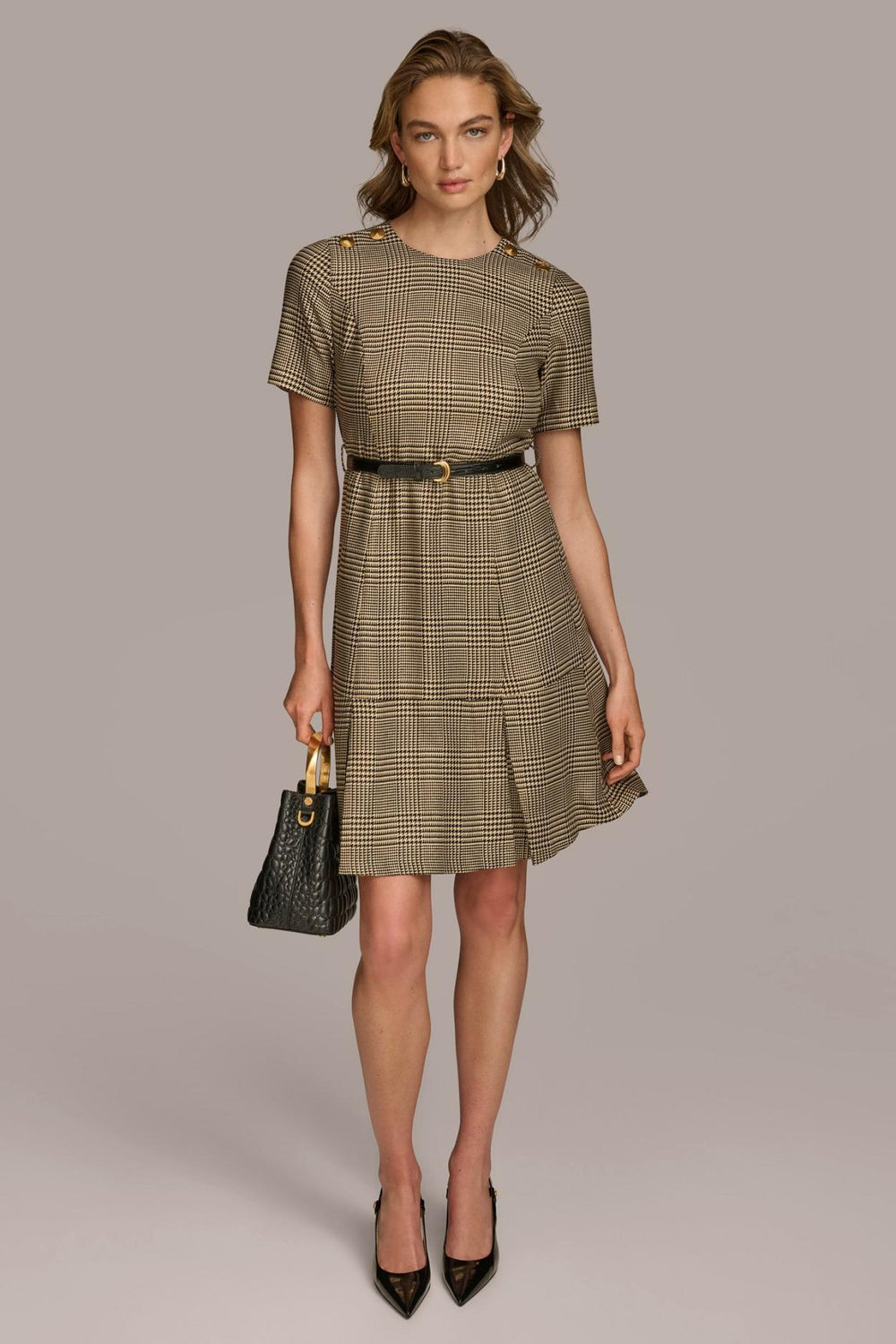 Donna Karan Dresses And Jumpsuits | Women PLEATED PLAID DRESS WITH BELT Black/fawn/gold