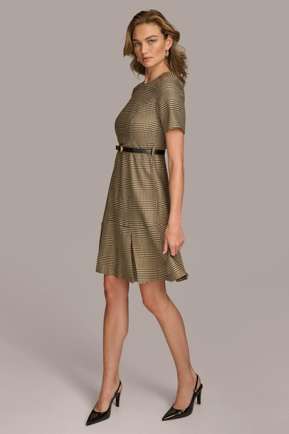 Donna Karan Dresses And Jumpsuits | Women PLEATED PLAID DRESS WITH BELT Black/fawn/gold