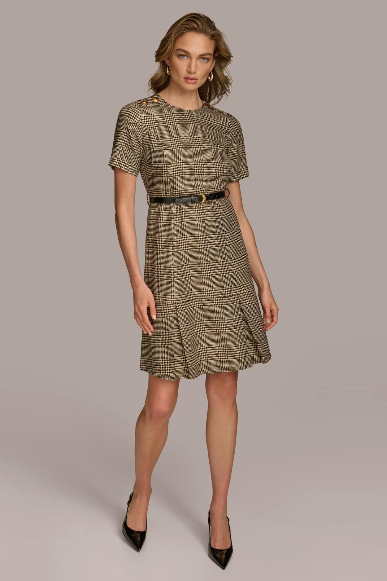 Donna Karan Dresses And Jumpsuits | Women PLEATED PLAID DRESS WITH BELT Black/fawn/gold
