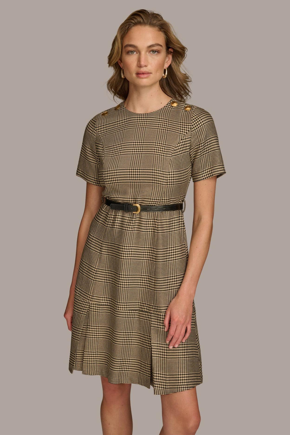 Donna Karan Dresses And Jumpsuits | Women PLEATED PLAID DRESS WITH BELT Black/fawn/gold
