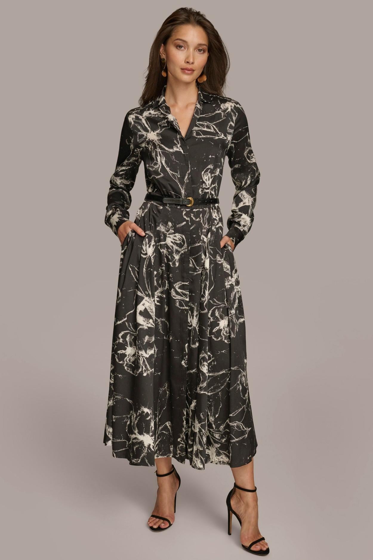Donna Karan Dresses And Jumpsuits | Women PRINTED SHIRT DRESS WITH BELT Black