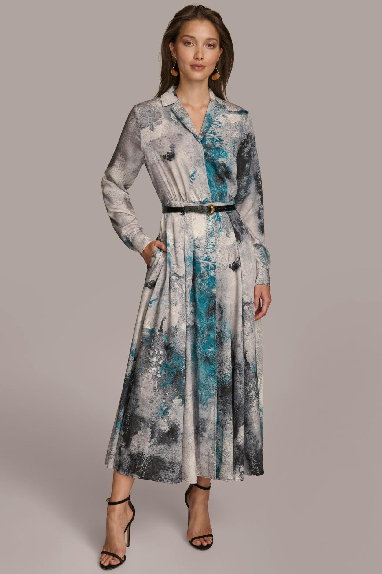 Donna Karan Dresses And Jumpsuits | Women PRINTED SHIRT DRESS WITH BELT Peacock Multi