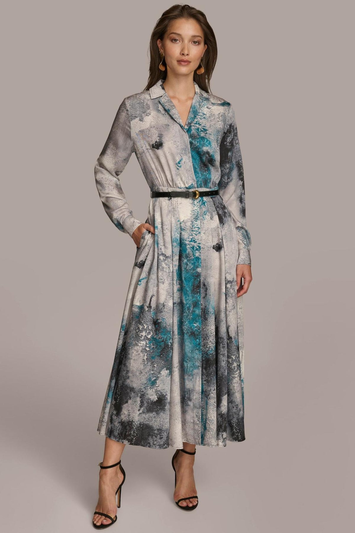 Donna Karan Dresses And Jumpsuits | Women PRINTED SHIRT DRESS WITH BELT Peacock Multi