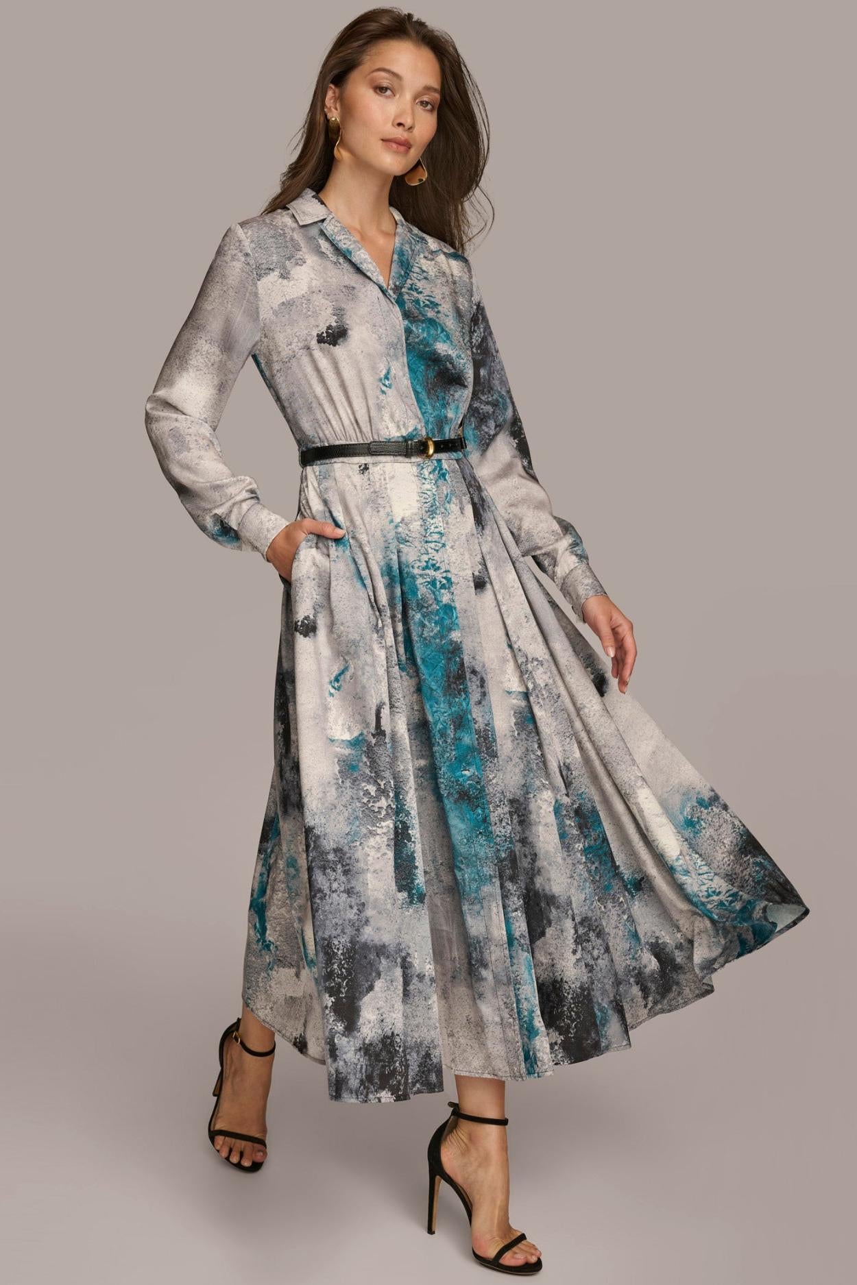 Donna Karan Dresses And Jumpsuits | Women PRINTED SHIRT DRESS WITH BELT Peacock Multi