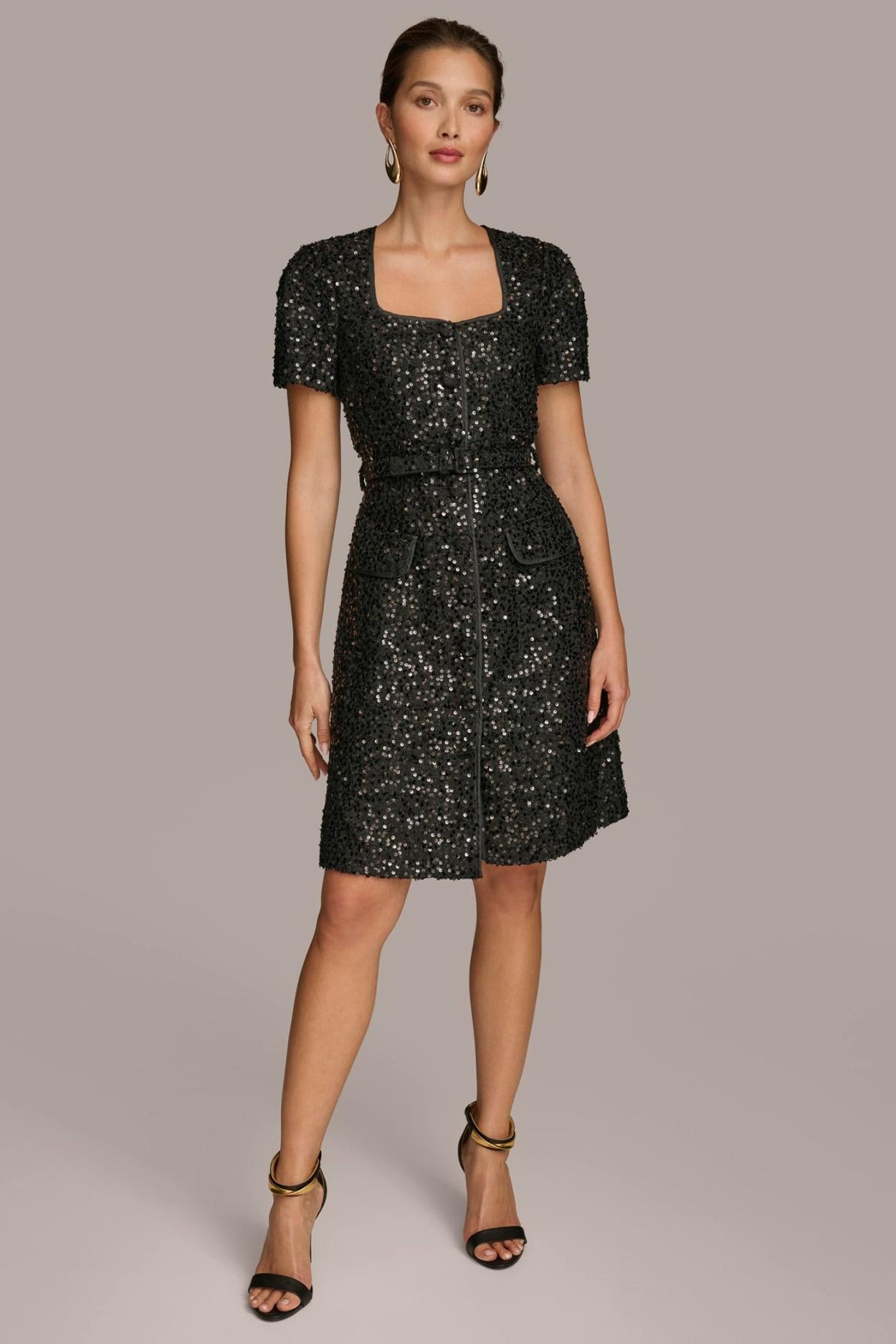 Donna Karan Dresses And Jumpsuits | Women SQUARE NECK SEQUIN A LINE DRESS Black
