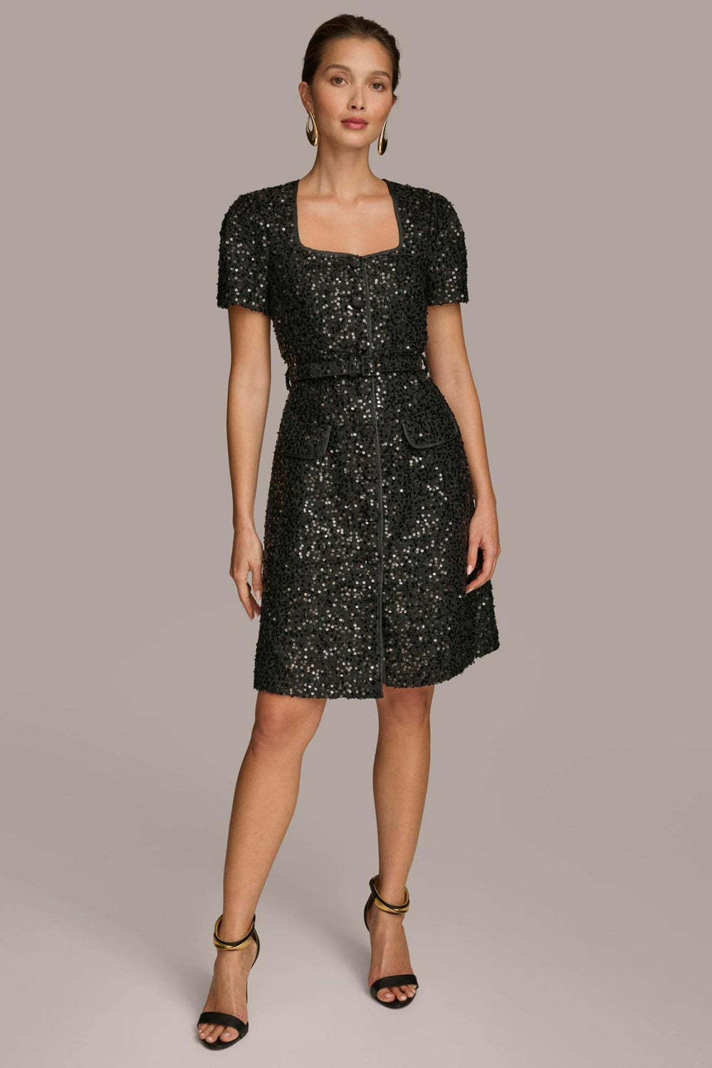 Donna Karan Dresses And Jumpsuits | Women SQUARE NECK SEQUIN A LINE DRESS Black