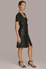 Donna Karan Dresses And Jumpsuits | Women SQUARE NECK SEQUIN A LINE DRESS Black