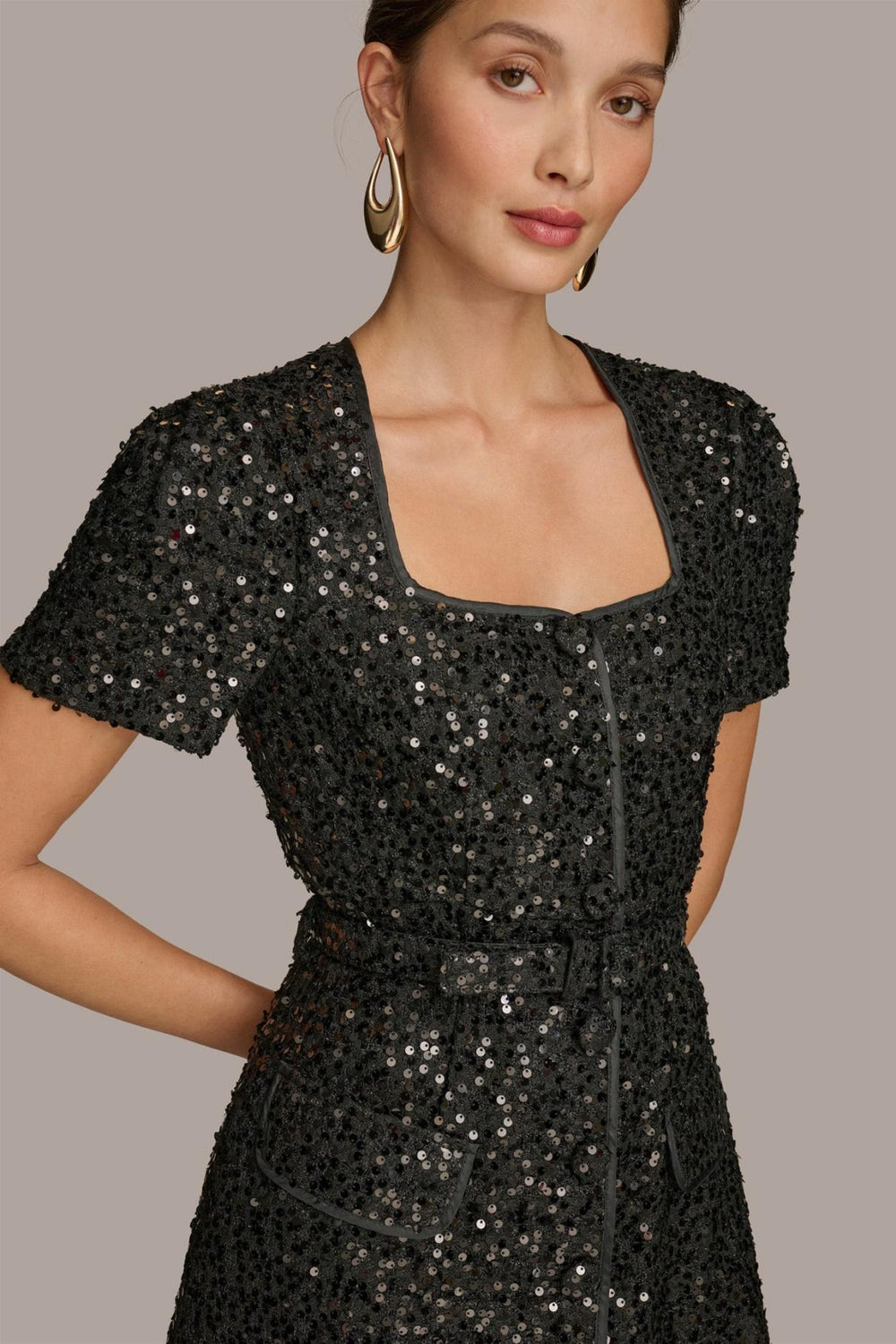 Donna Karan Dresses And Jumpsuits | Women SQUARE NECK SEQUIN A LINE DRESS Black