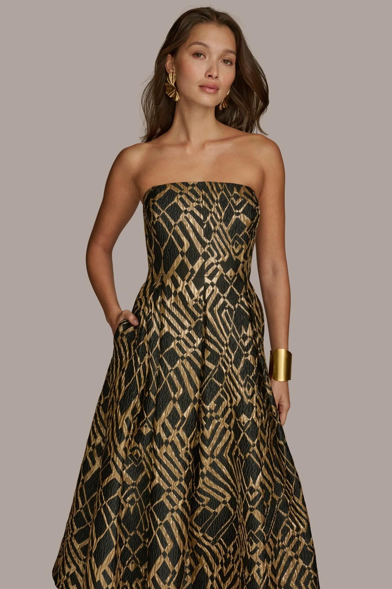 Donna Karan Dresses And Jumpsuits | Women STRAPLESS FIT AND FLARE DRESS Black/sand Multi