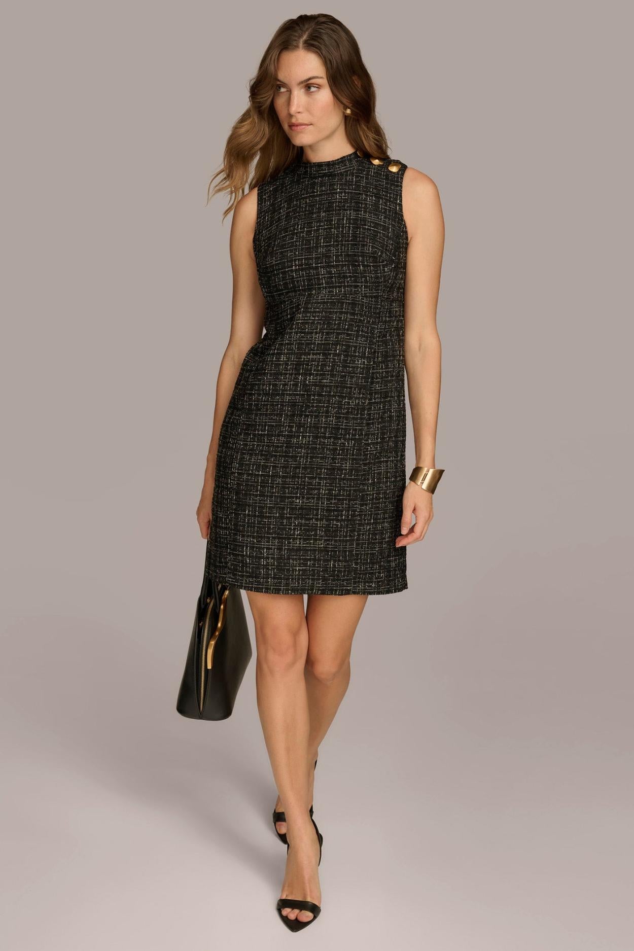 Donna Karan Dresses And Jumpsuits | Women TWEED MOCK NECK SHIFT DRESS Black/cream