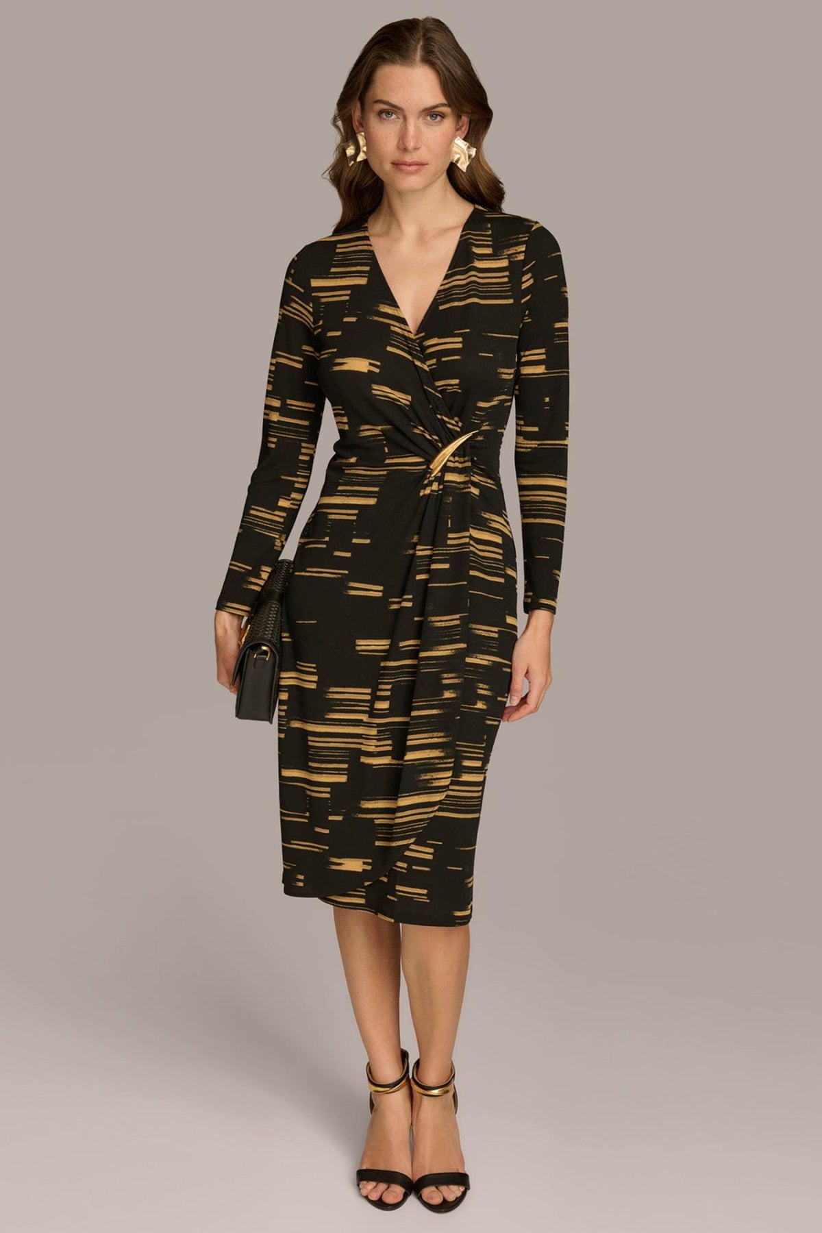 Donna Karan Dresses And Jumpsuits | Women V-NECK FAUX WRAP DRESS Gold Multi