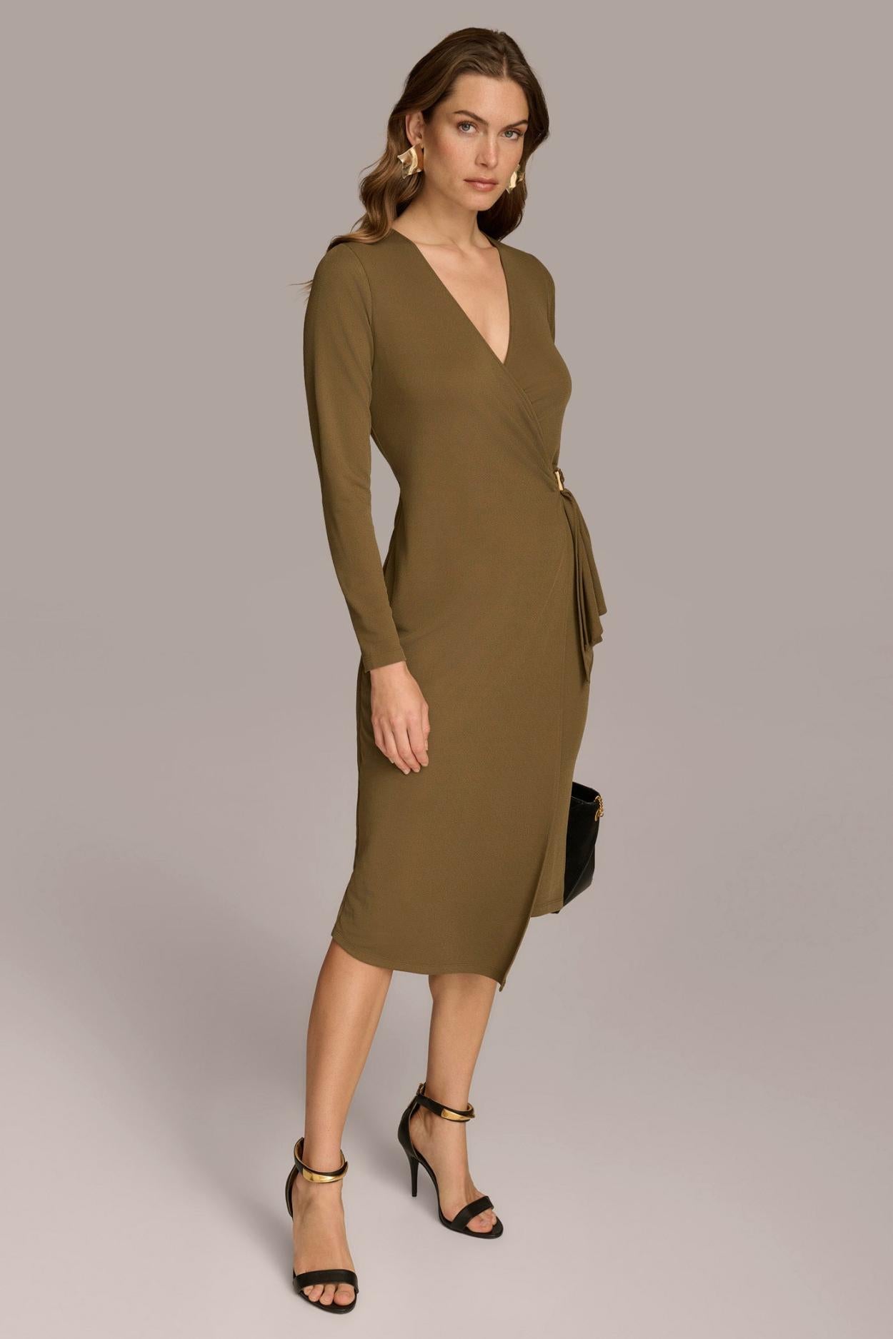 Donna Karan Dresses And Jumpsuits | Women V NECK WRAP DRESS WITH HARDWARE Brown