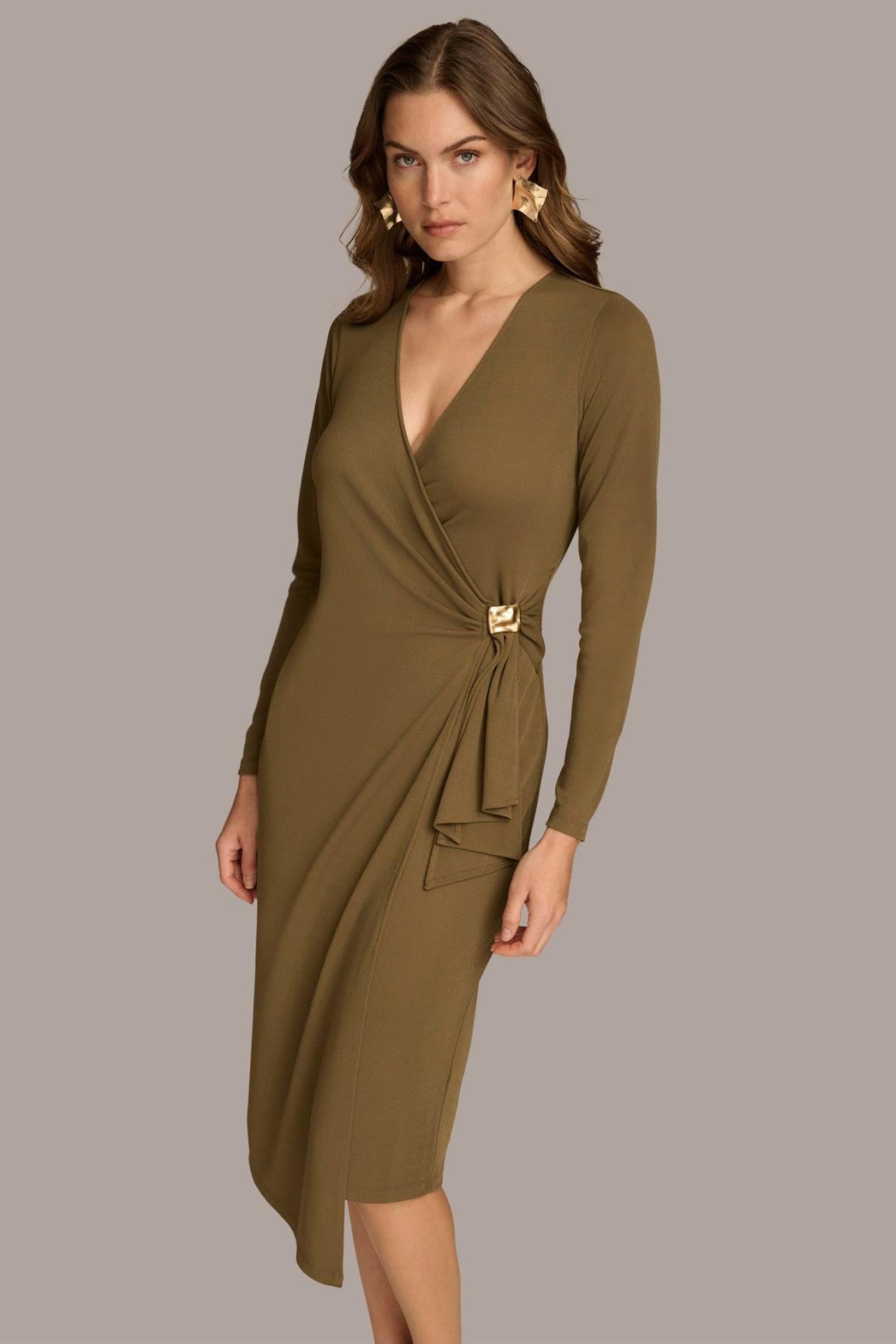 Donna Karan Dresses And Jumpsuits | Women V NECK WRAP DRESS WITH HARDWARE Brown