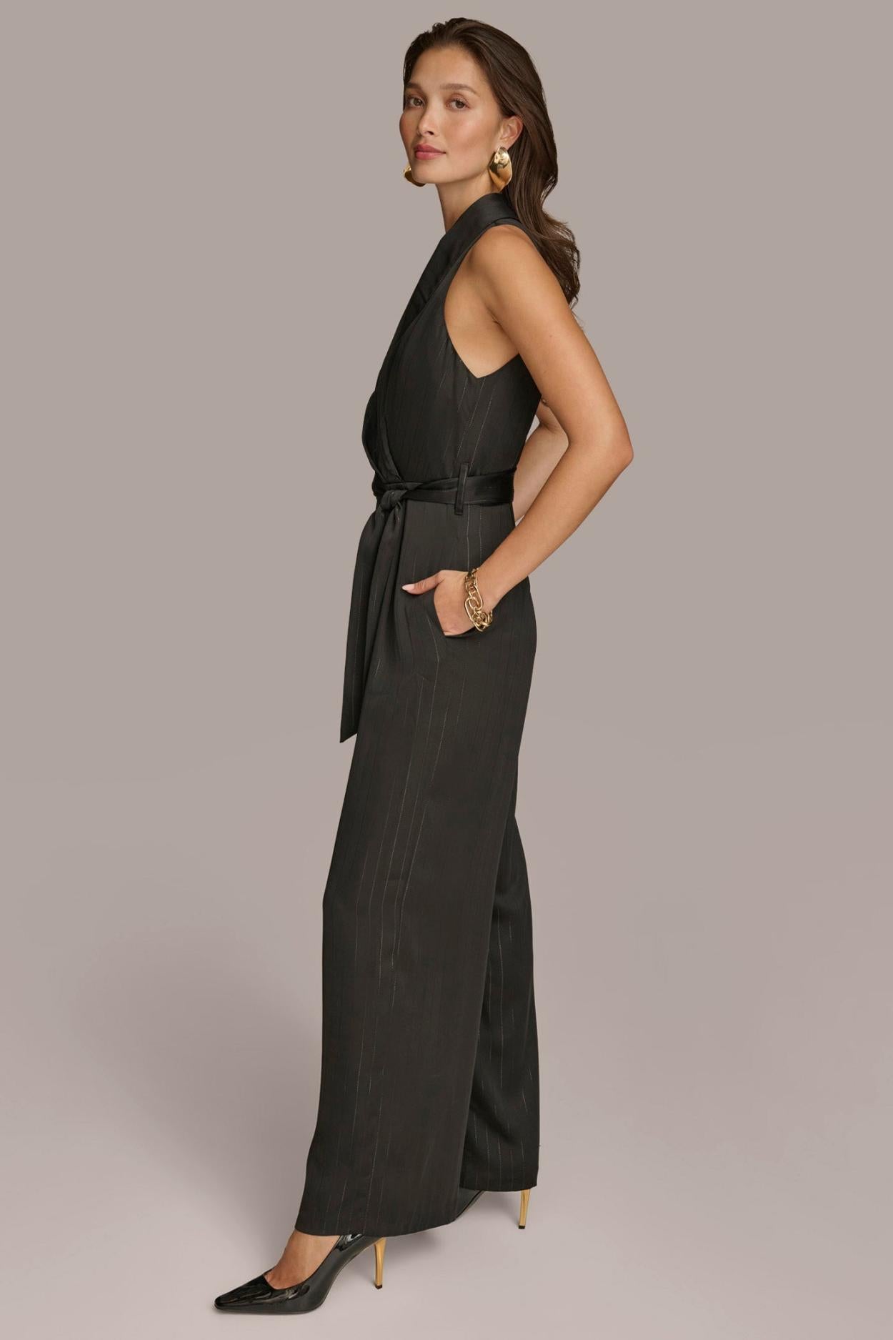 Donna Karan Dresses And Jumpsuits | Women VNECK PINSTRIPE JUMPSUIT Black