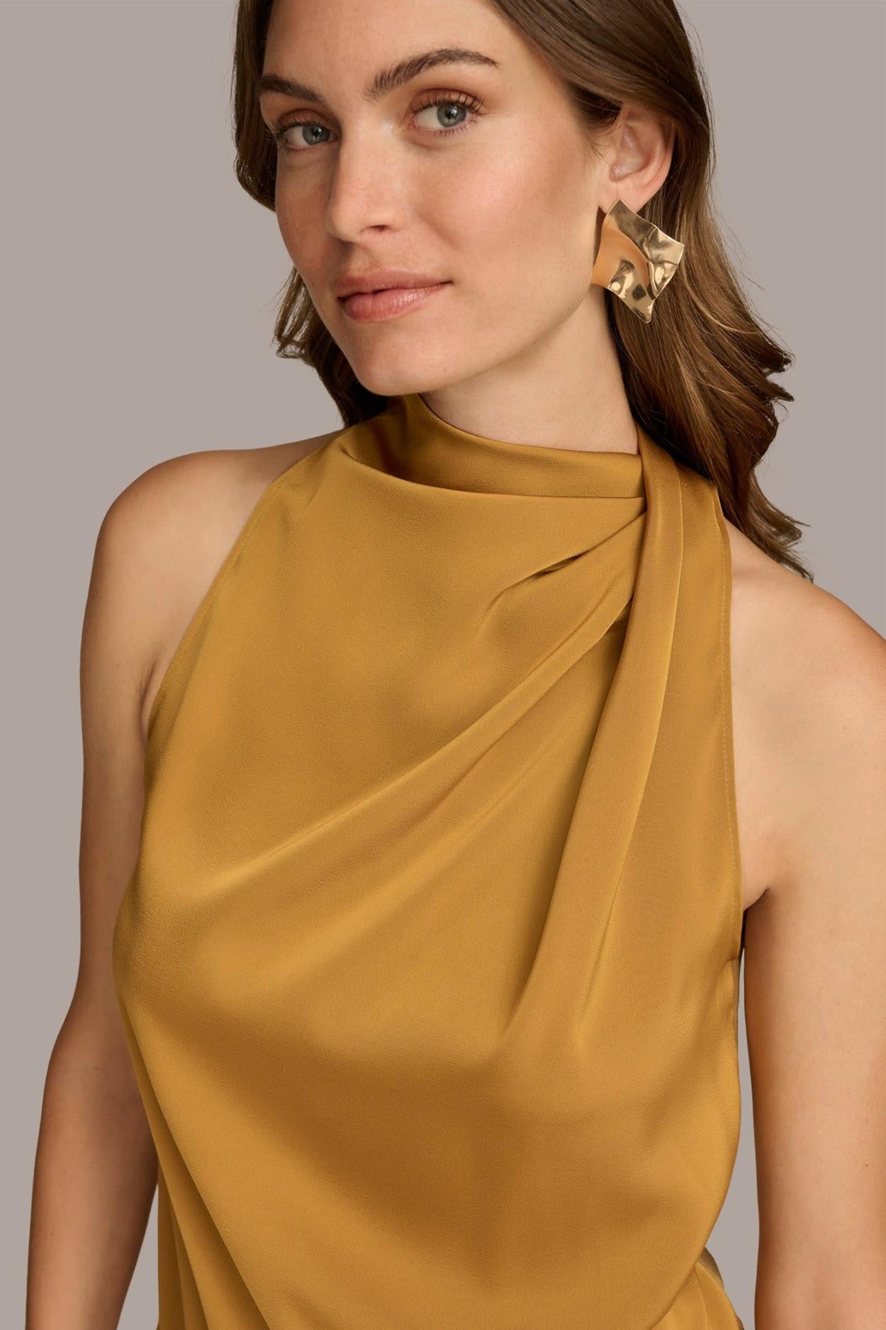 Donna Karan Sweaters And Tops | Women ASYMMETRICAL MOCK NECK TOP Antique Gold