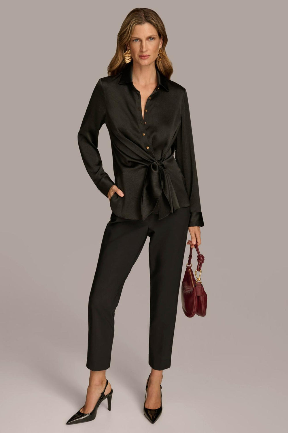 Donna Karan Sweaters And Tops | Women BUTTON FRONT TIE WAIST TOP Black
