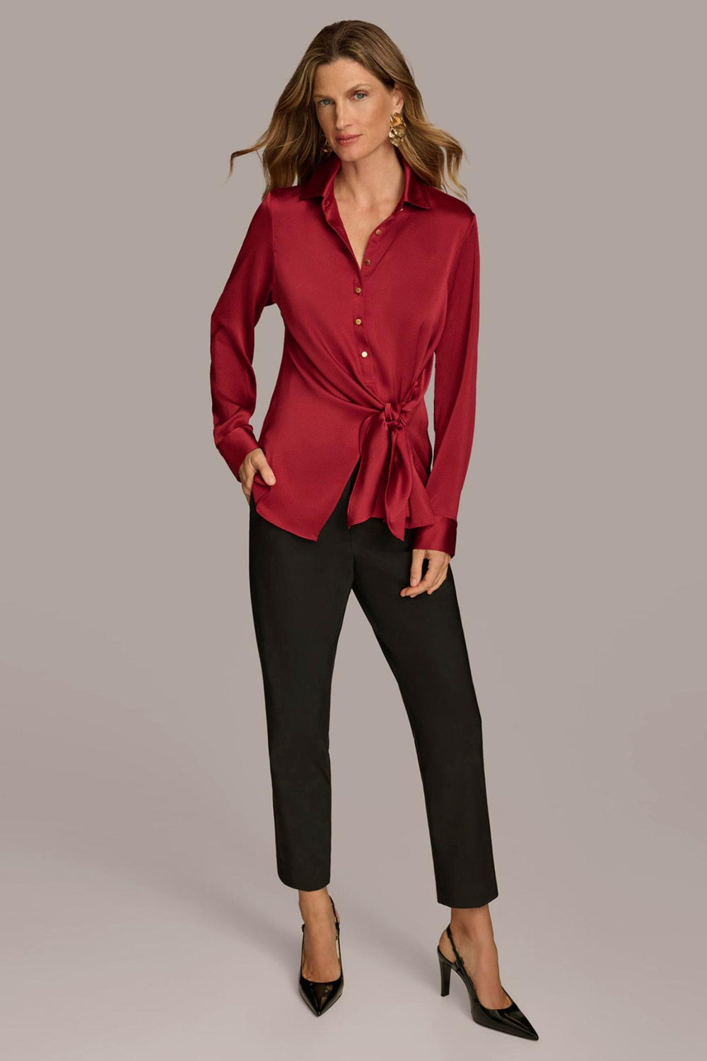Donna Karan Sweaters And Tops | Women BUTTON FRONT TIE WAIST TOP Metropolitan Red