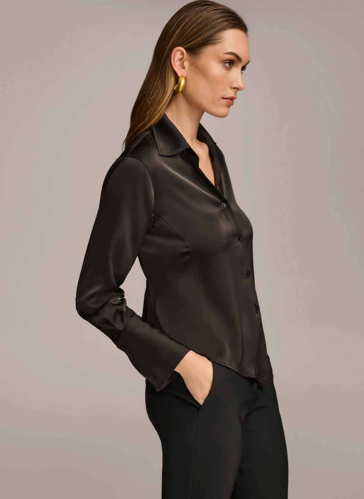 Donna Karan Sweaters And Tops | Women COLLARED BUTTON DOWN BLOUSE Black