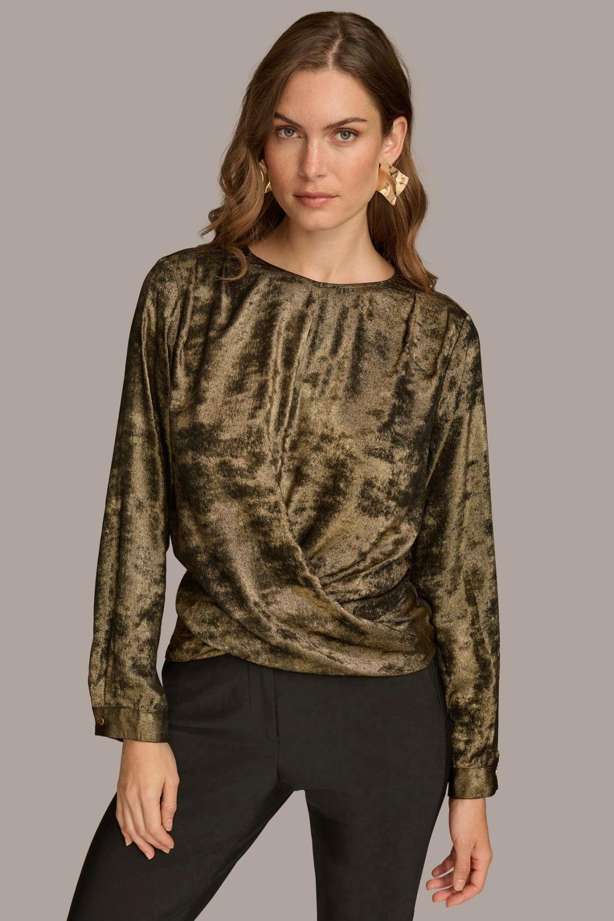Donna Karan Sweaters And Tops | Women CREW FAUX WRAP TOP Gold/black