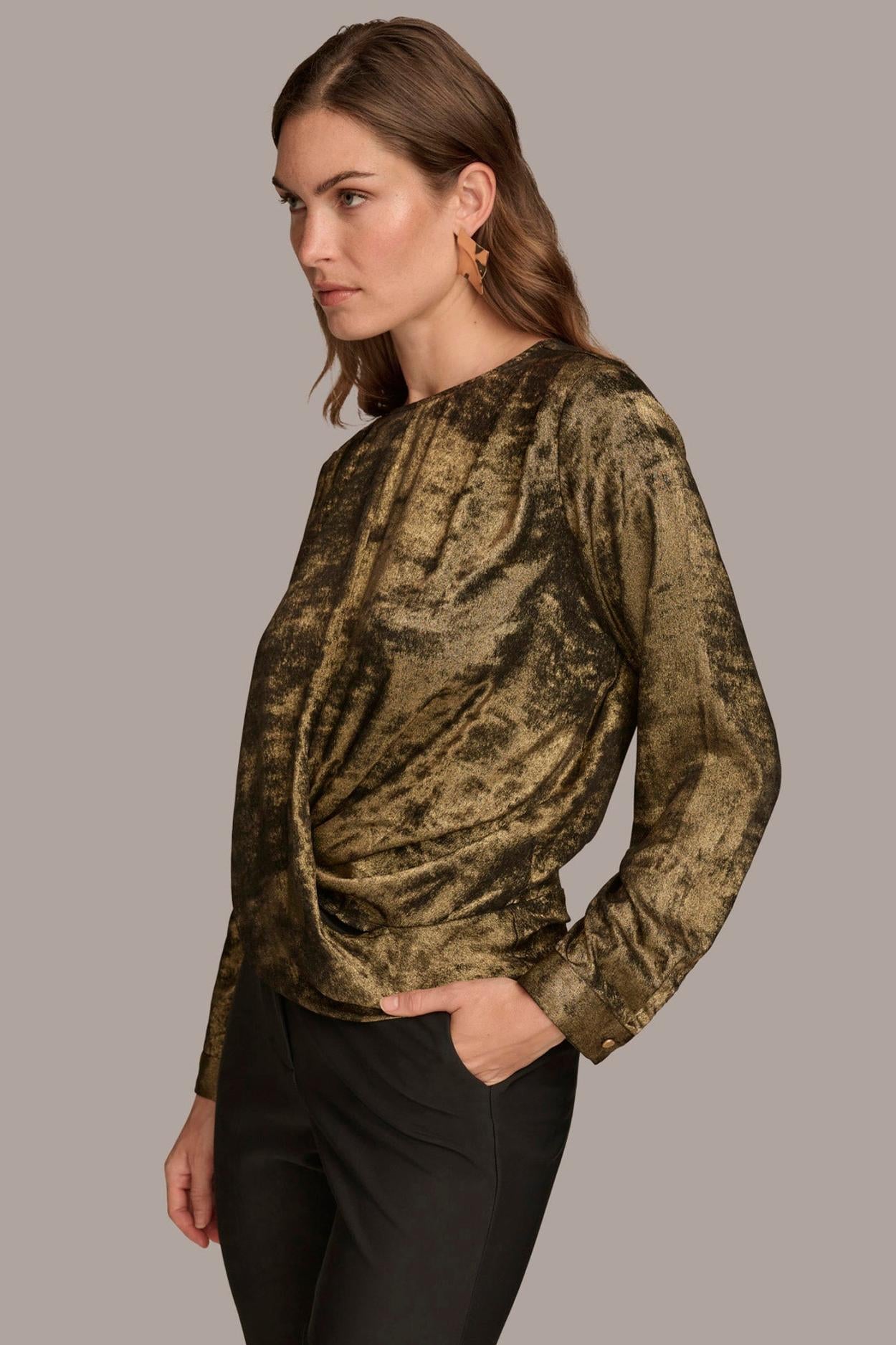 Donna Karan Sweaters And Tops | Women CREW FAUX WRAP TOP Gold/black