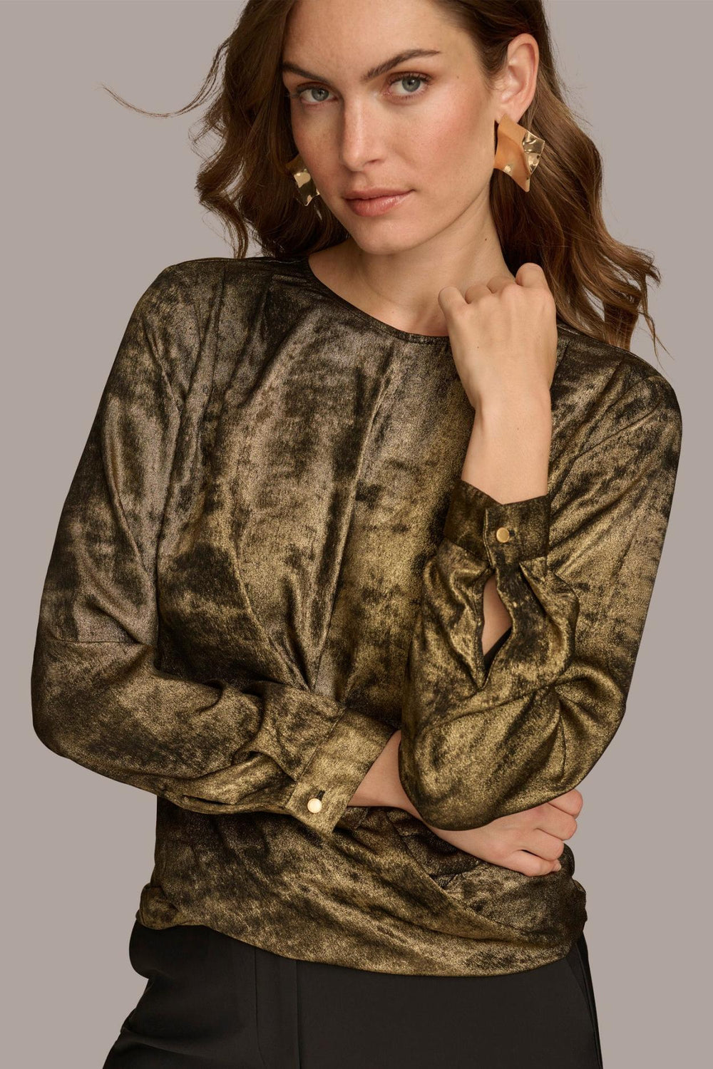 Donna Karan Sweaters And Tops | Women CREW FAUX WRAP TOP Gold/black