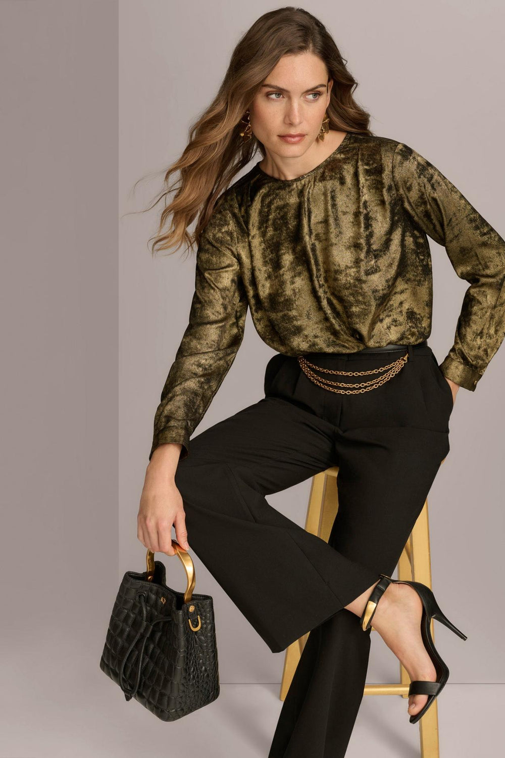 Donna Karan Sweaters And Tops | Women CREW FAUX WRAP TOP Gold/black