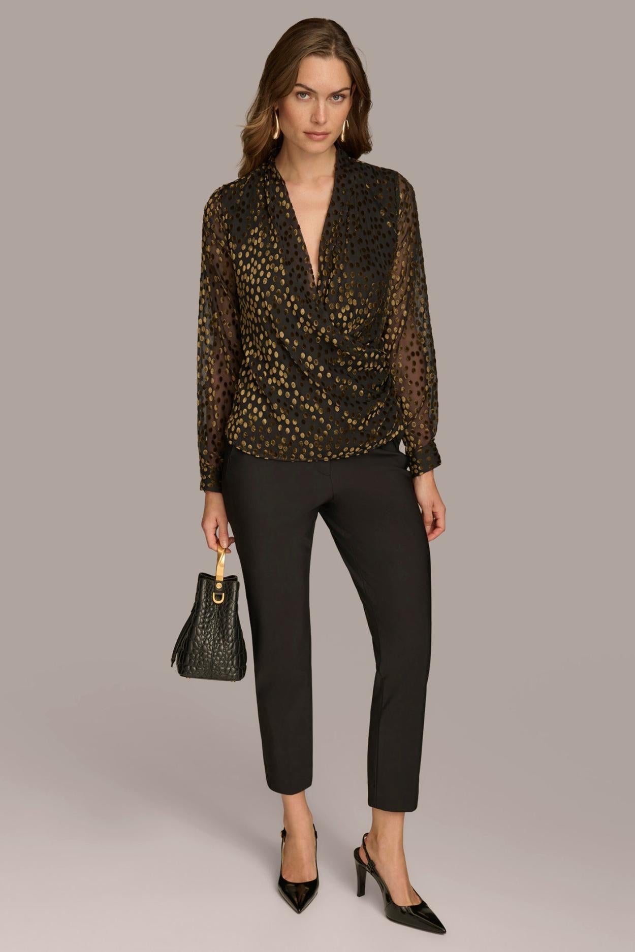 Donna Karan Sweaters And Tops | Women FAUX WRAP BURNOUT Black/gold Multi
