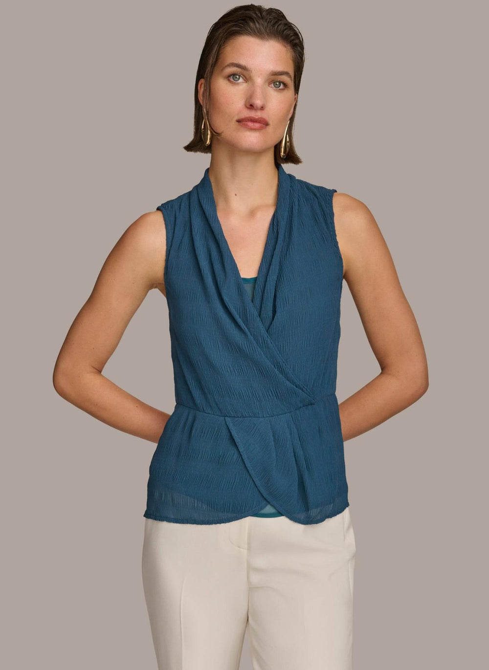 Donna Karan Sweaters And Tops | Women FAUX WRAP PEPLUM TOP Tide Navy