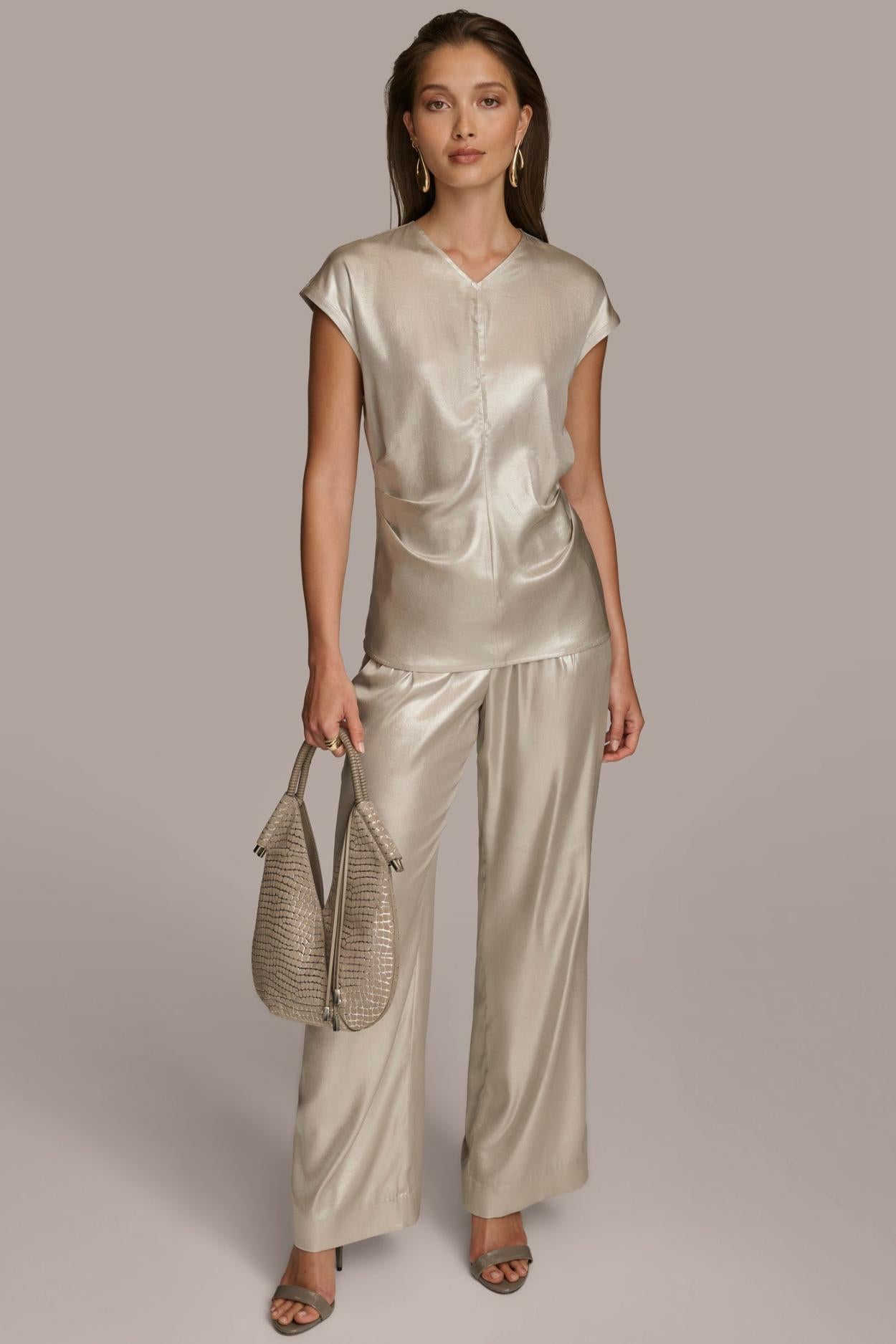 Donna Karan Sweaters And Tops | Women FOIL CAP SLEEVE TOP Silver