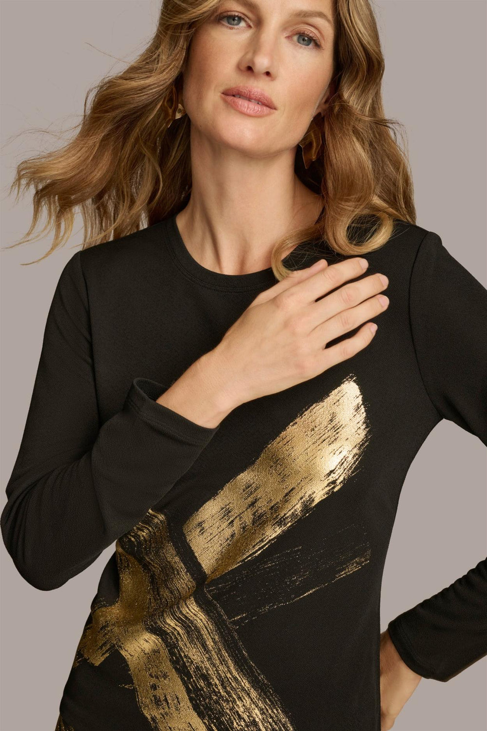 Donna Karan Sweaters And Tops | Women GOLD PAINT PRINT TOP Black