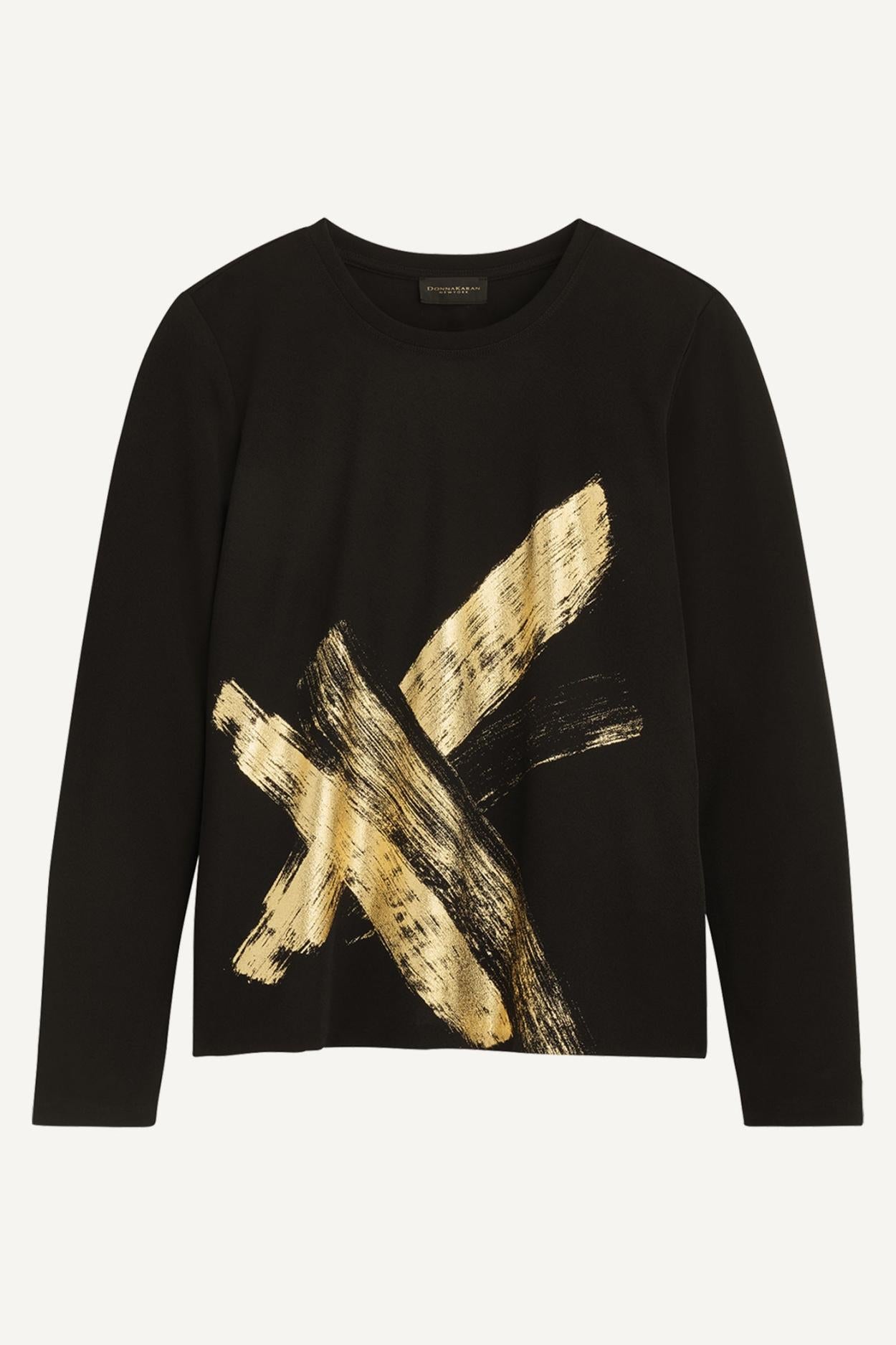 Donna Karan Sweaters And Tops | Women GOLD PAINT PRINT TOP Black