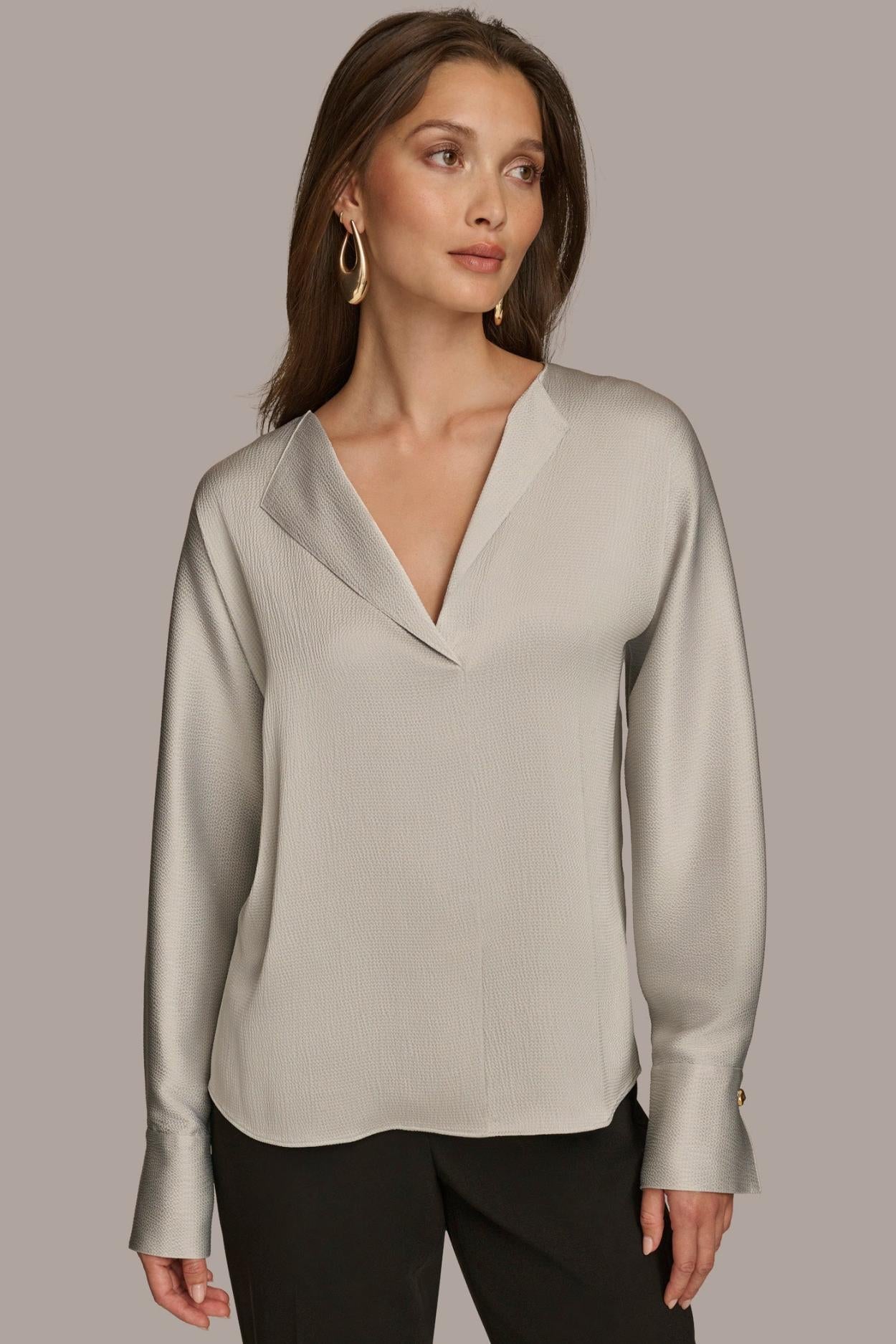 Donna Karan Sweaters And Tops | Women HAMMERED SATIN LONG SLEEVE V-NECK BLOUSE Pavement