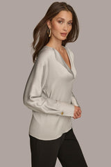 Donna Karan Sweaters And Tops | Women HAMMERED SATIN LONG SLEEVE V-NECK BLOUSE Pavement
