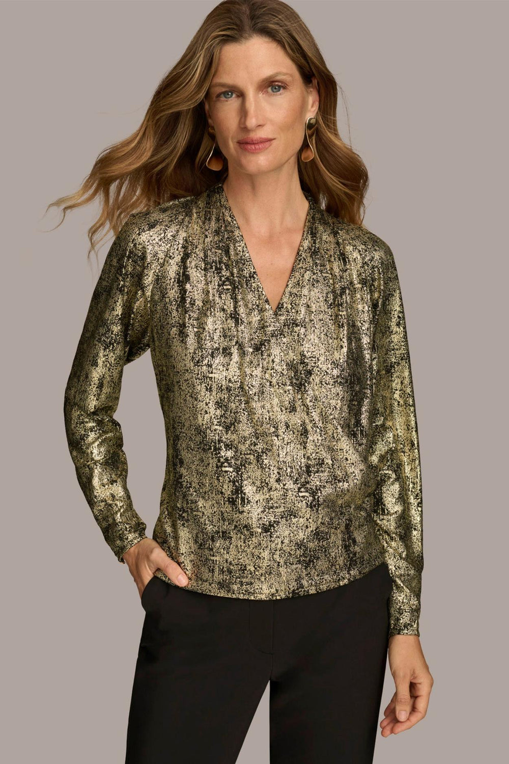Donna Karan Sweaters And Tops | Women METALLIC FAUX WRAP TOP Gold Multi