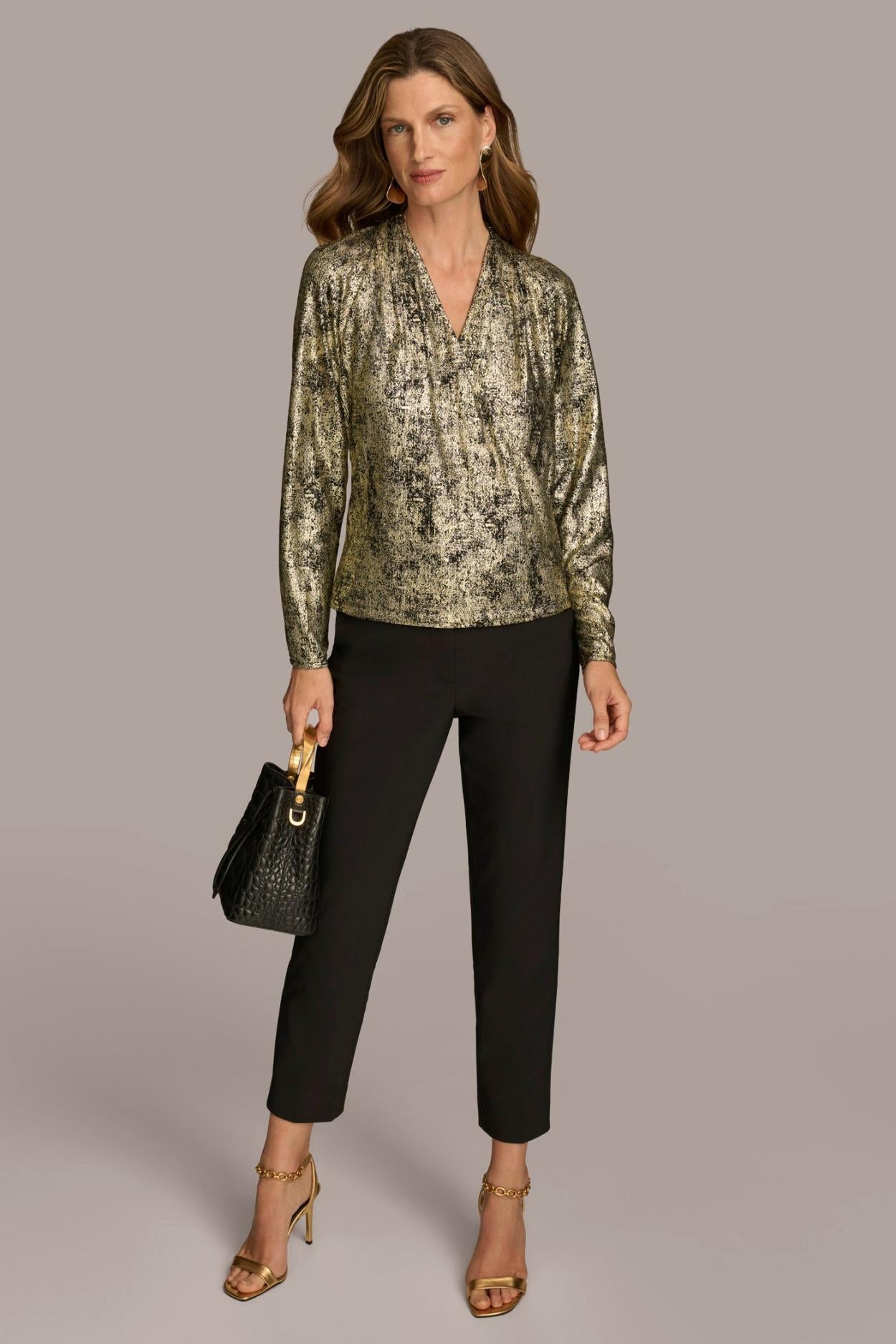 Donna Karan Sweaters And Tops | Women METALLIC FAUX WRAP TOP Gold Multi
