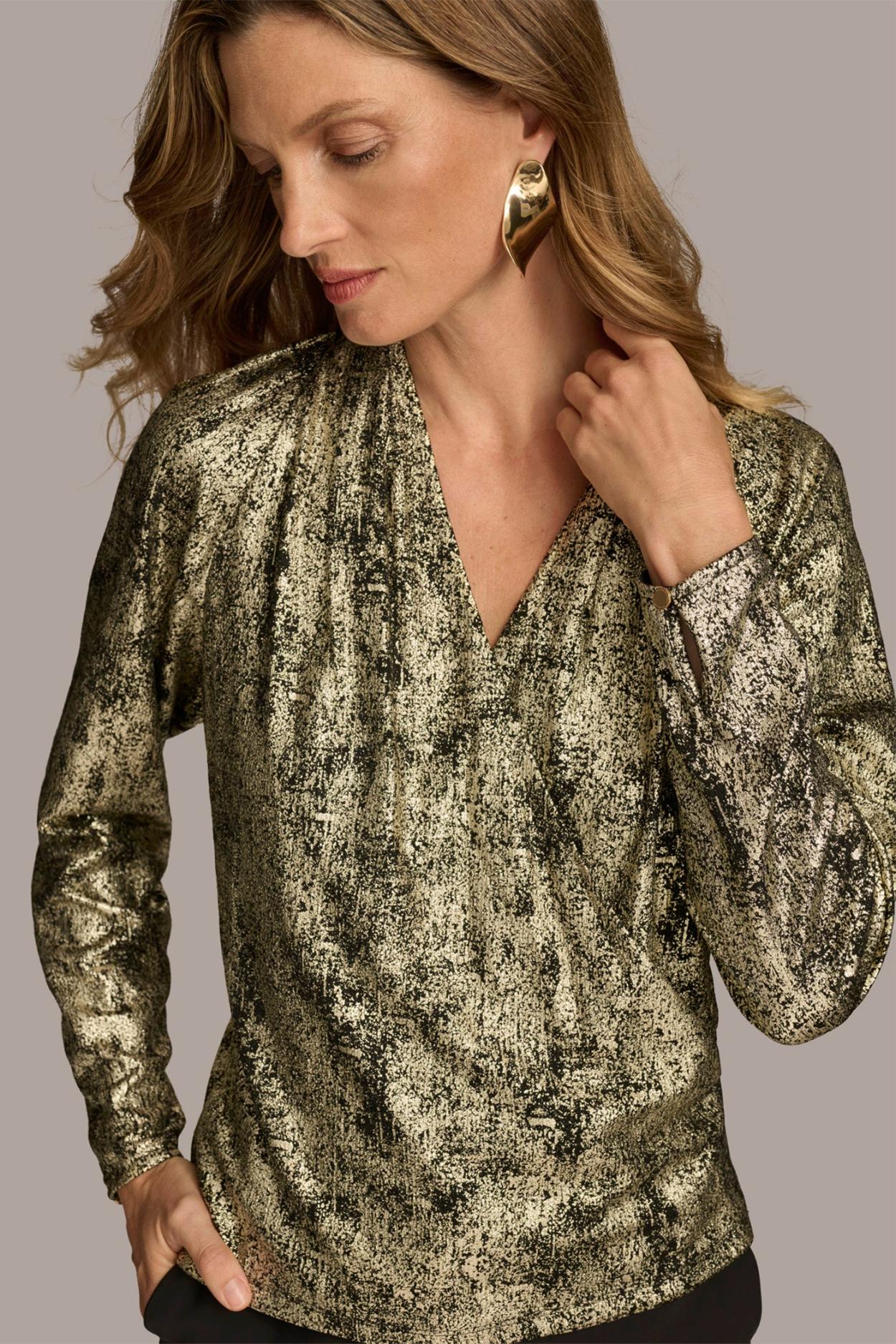 Donna Karan Sweaters And Tops | Women METALLIC FAUX WRAP TOP Gold Multi