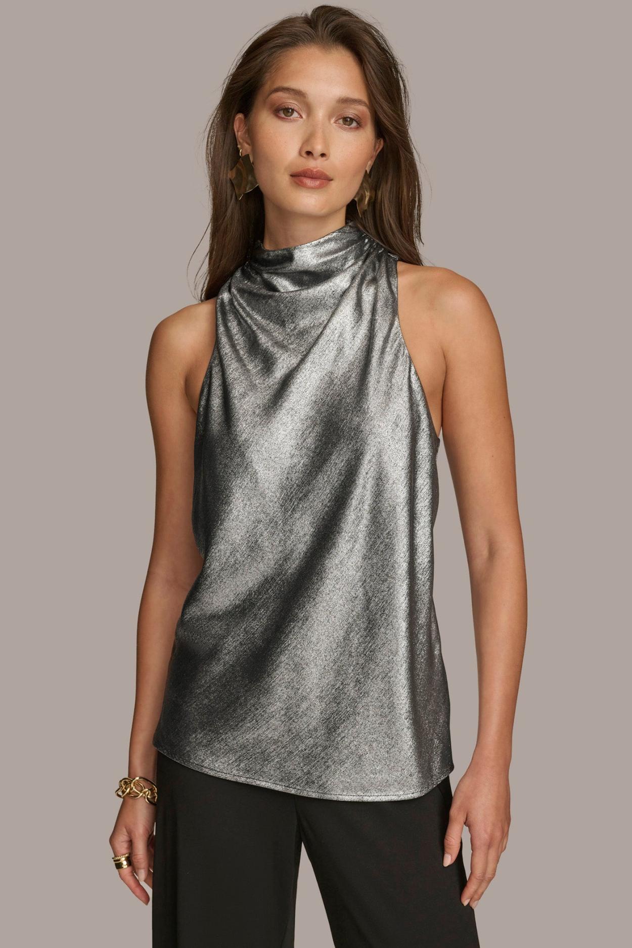 Donna Karan Sweaters And Tops | Women METALLIC HIGH COWL TOP Silver