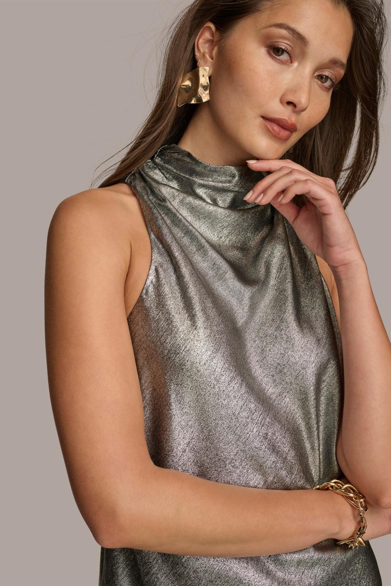 Donna Karan Sweaters And Tops | Women METALLIC HIGH COWL TOP Silver